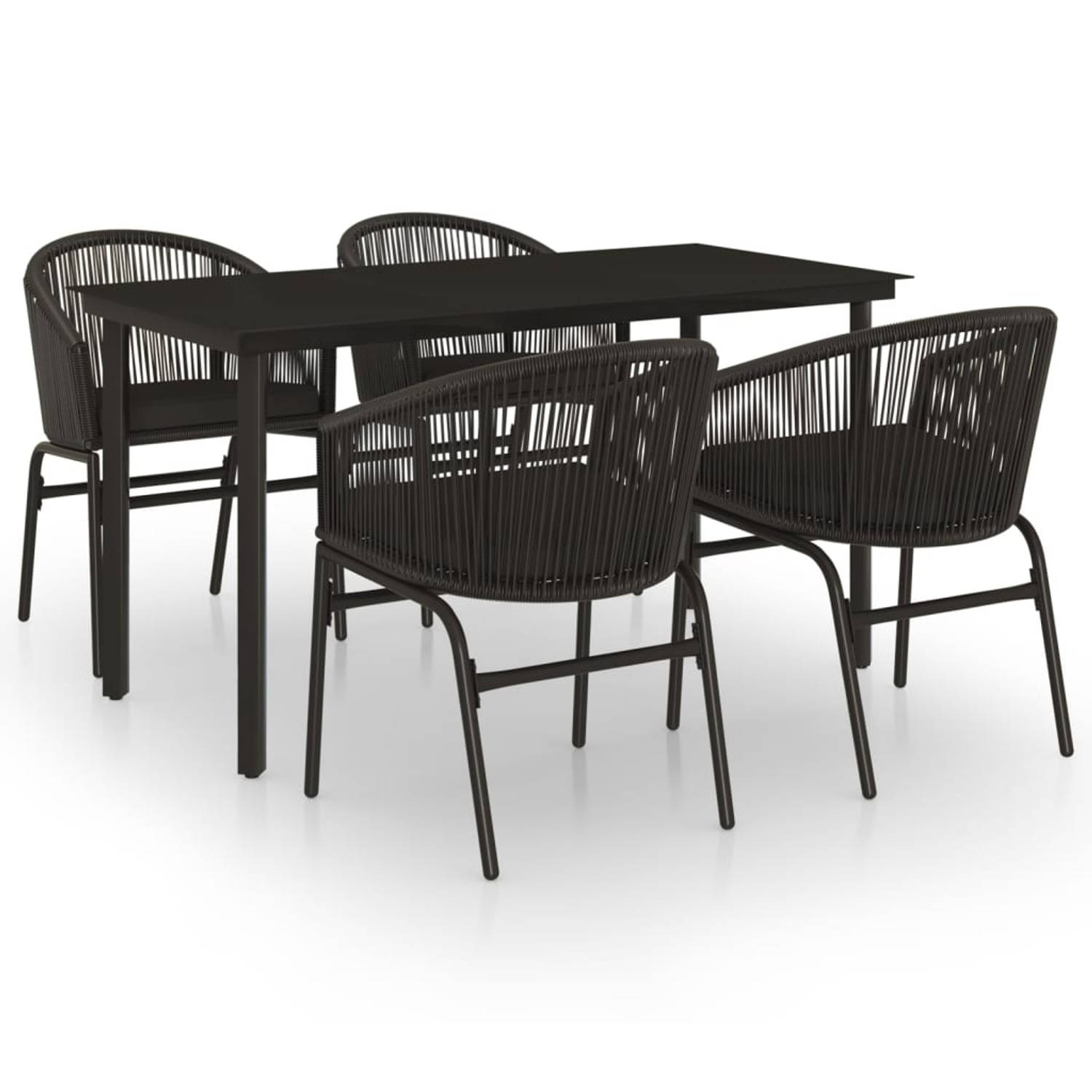 The Living Store Tuinset - Tuinmeubelen - 140 x 70 x 74 cm - Zwarte gepoedercoat stalen tafel met glazen tafelblad en 4 zwarte PVC-rattan stoelen met kussens