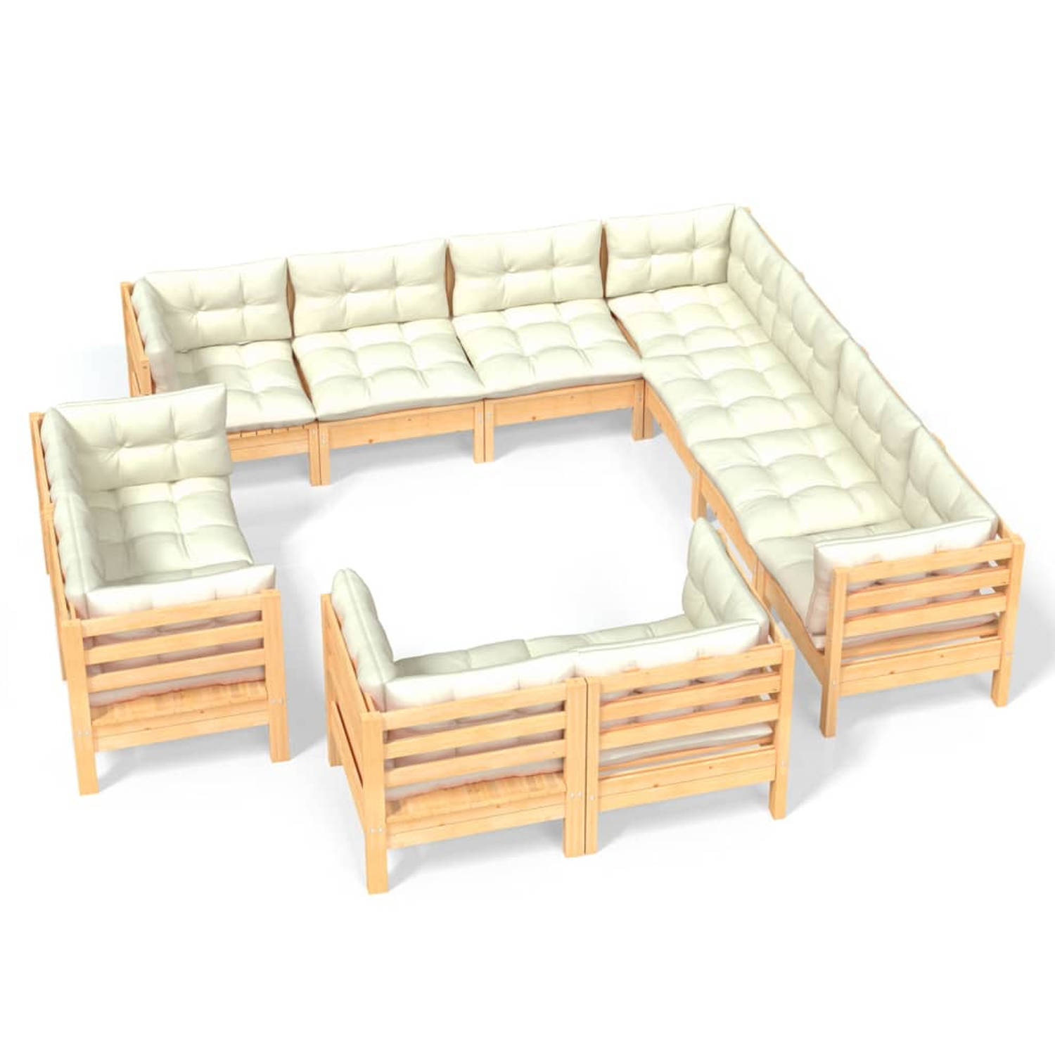 The Living Store Loungeset Grenenhout - Hoekbank 63.5 x 63.5 x 62.5 cm - Crème kussens