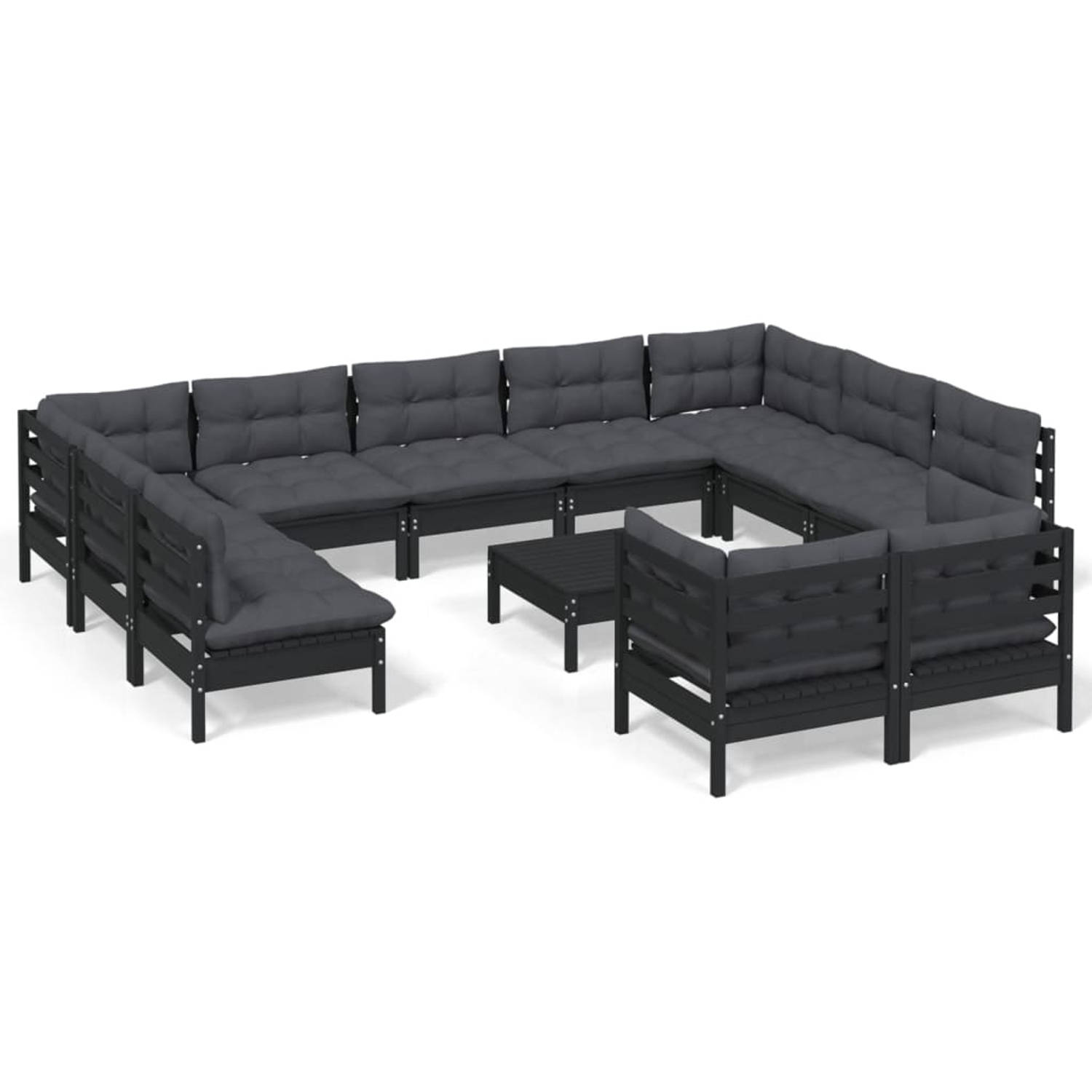 The Living Store Tuinset Loungeset - Grenenhout - Zwart - 4 hoekbanken 7 middenbanken 1 tafel - Afmetingen- 63.5 x 63.5 x 62.5 cm