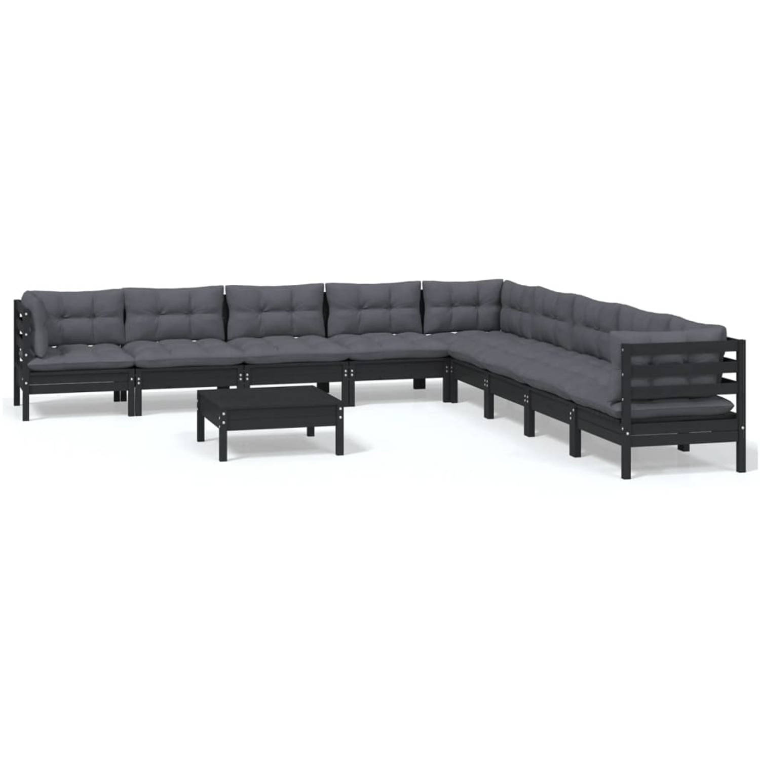 The Living Store Loungeset Grenenhout - Zwart - 3 Hoekbank + 6 Middenbank + Voetenbank/Tafel - Zitkussen + Rugkussen - 63.5x63.5x62.5 cm