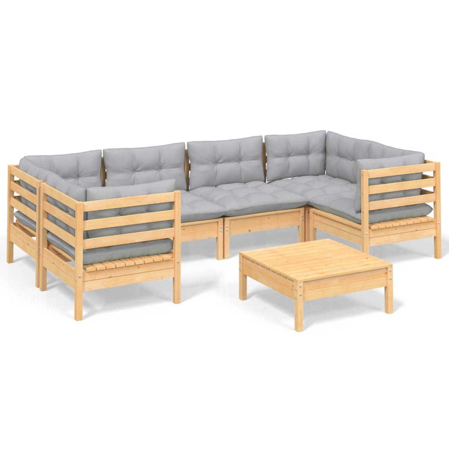 The Living Store Loungeset - Massief grenenhout - Grijs kussen - Hoek/middenbank 63.5x63.5x62.5cm - Voetenbank/tafel 63.5x63.5x28.5cm - Zitkussen 60x60x5cm - Rug/zijkussen 60x32x5c