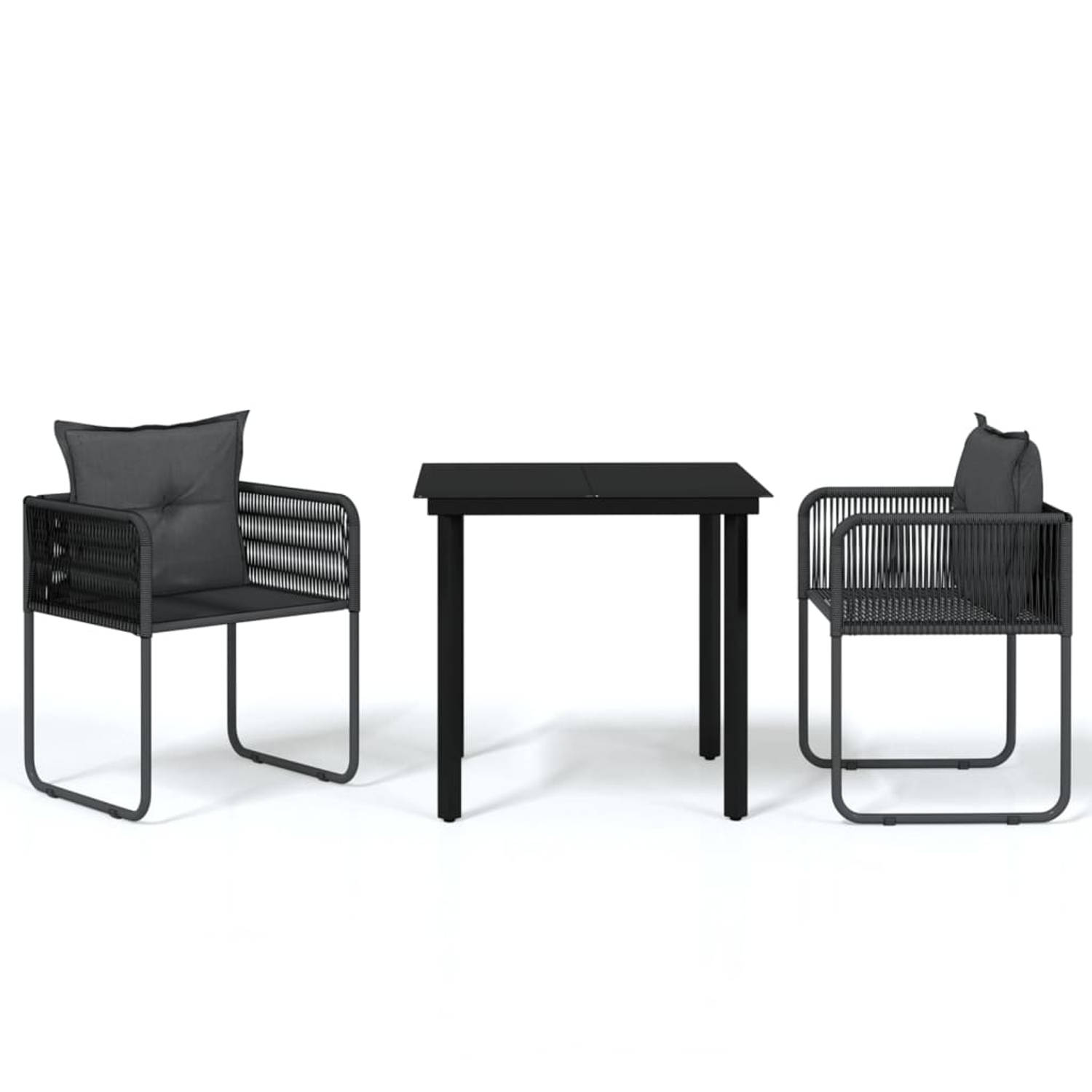 The Living Store Tuinset - zwart - gepoedercoat stalen frame - glazen tafelblad - lichtgewicht PE-rattan stoelen - inclusief rugkussens - 80x80x74 cm tafel - 51.5x51.5x67 cm stoel