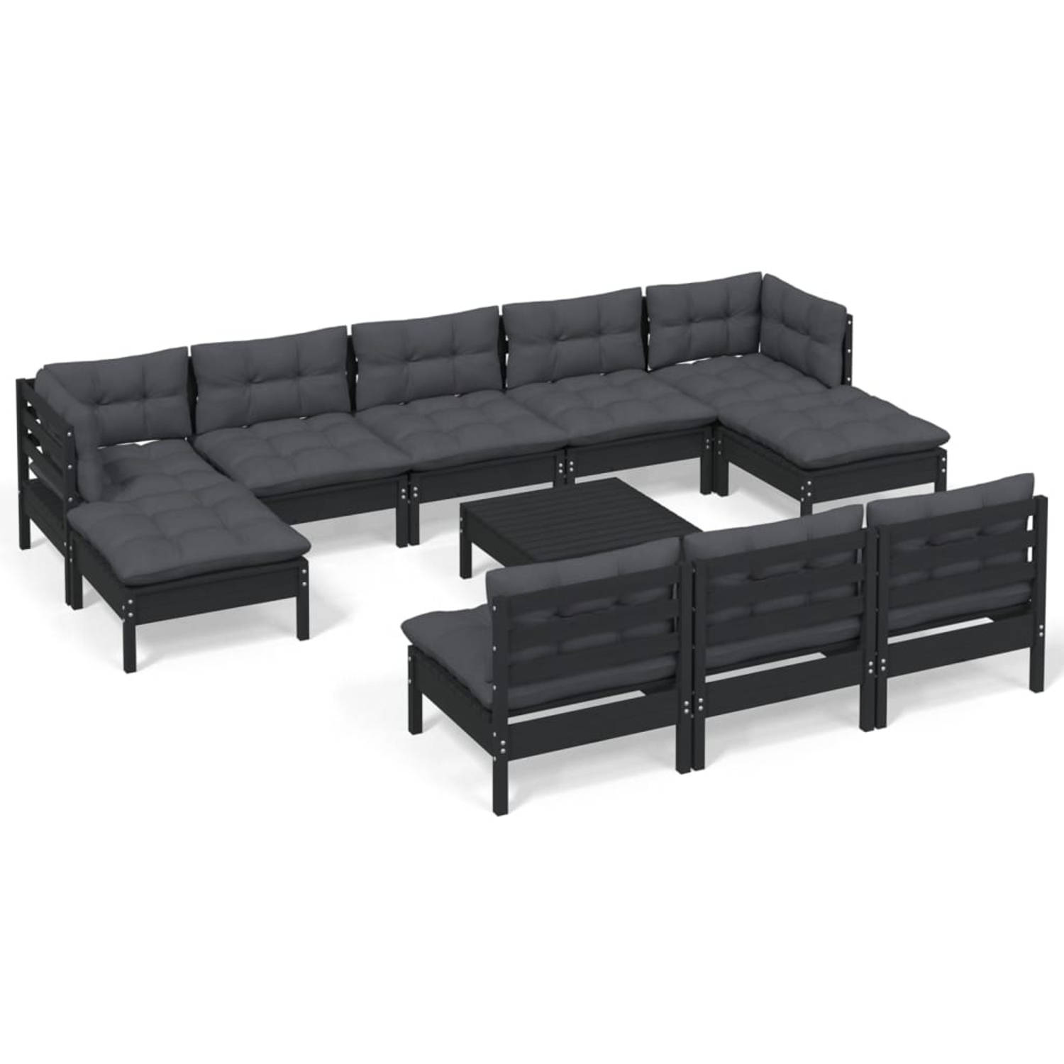 The Living Store Loungeset Grenenhout - Zwart - 63.5x63.5x62.5 cm - Inclusief kussens