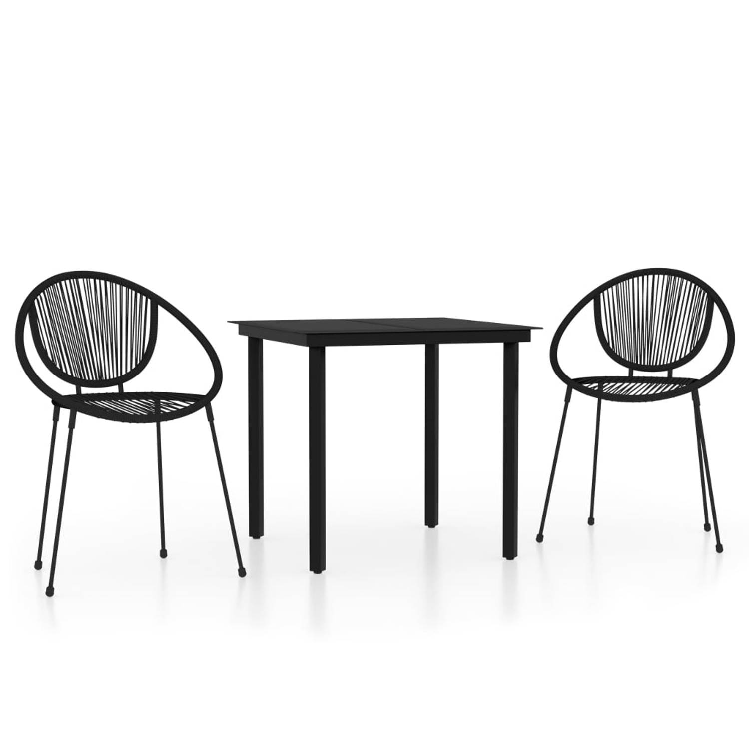 The Living Store Tuinset - zwarte eettafel en 2 stoelen - 80 x 80 x 74 cm - gepoedercoat staal en glas