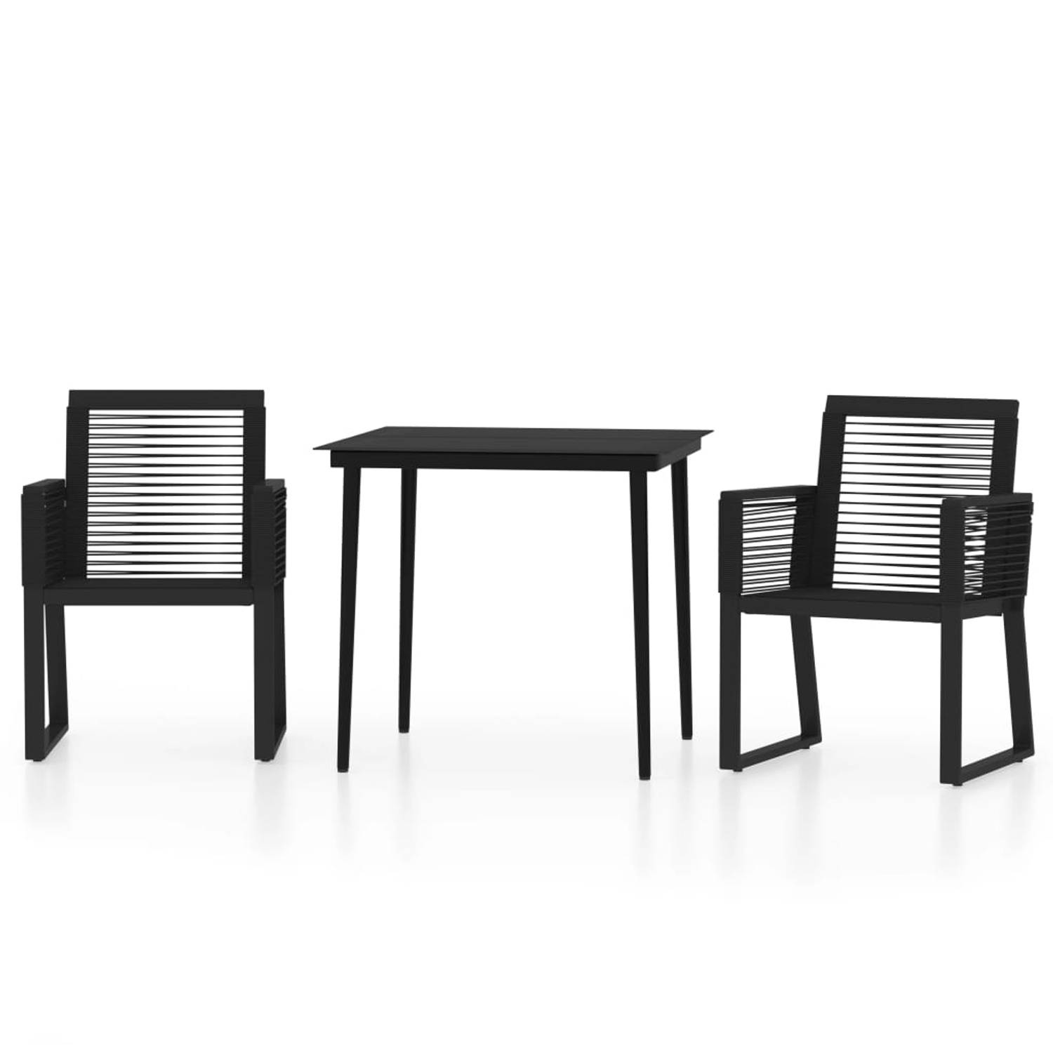 The Living Store Tuinset - Zwarte eettafel en 2 stoelen - Staal - PVC-rattan - 80x80x74cm - 53x57x77cm