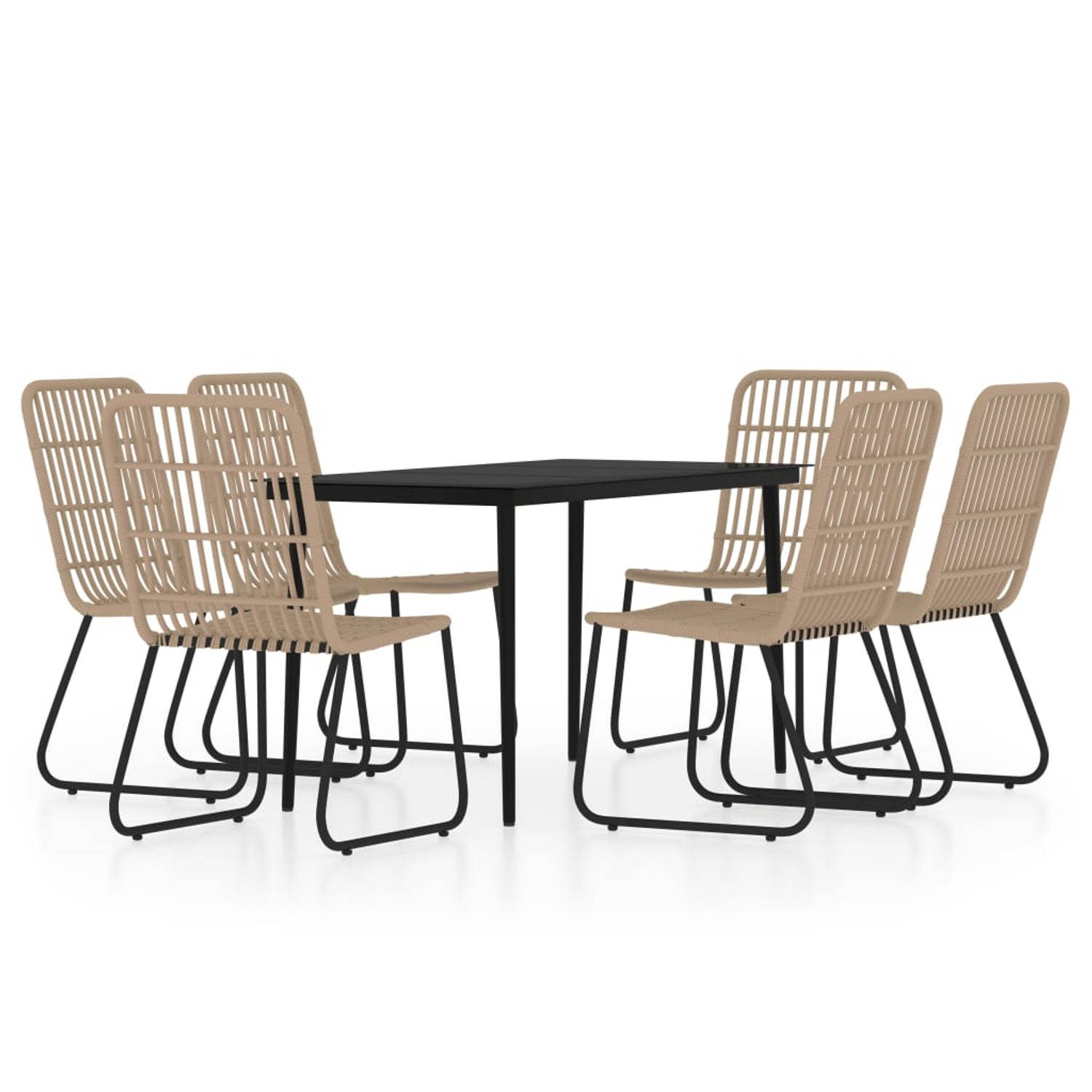 The Living Store Tuinset - Stalen frame - Lichtgewicht - Glazen tafelblad - PE-rattan - Gebogen rugleuningen - Zwart - 140 x 70 x 74 cm - 6 stoelen