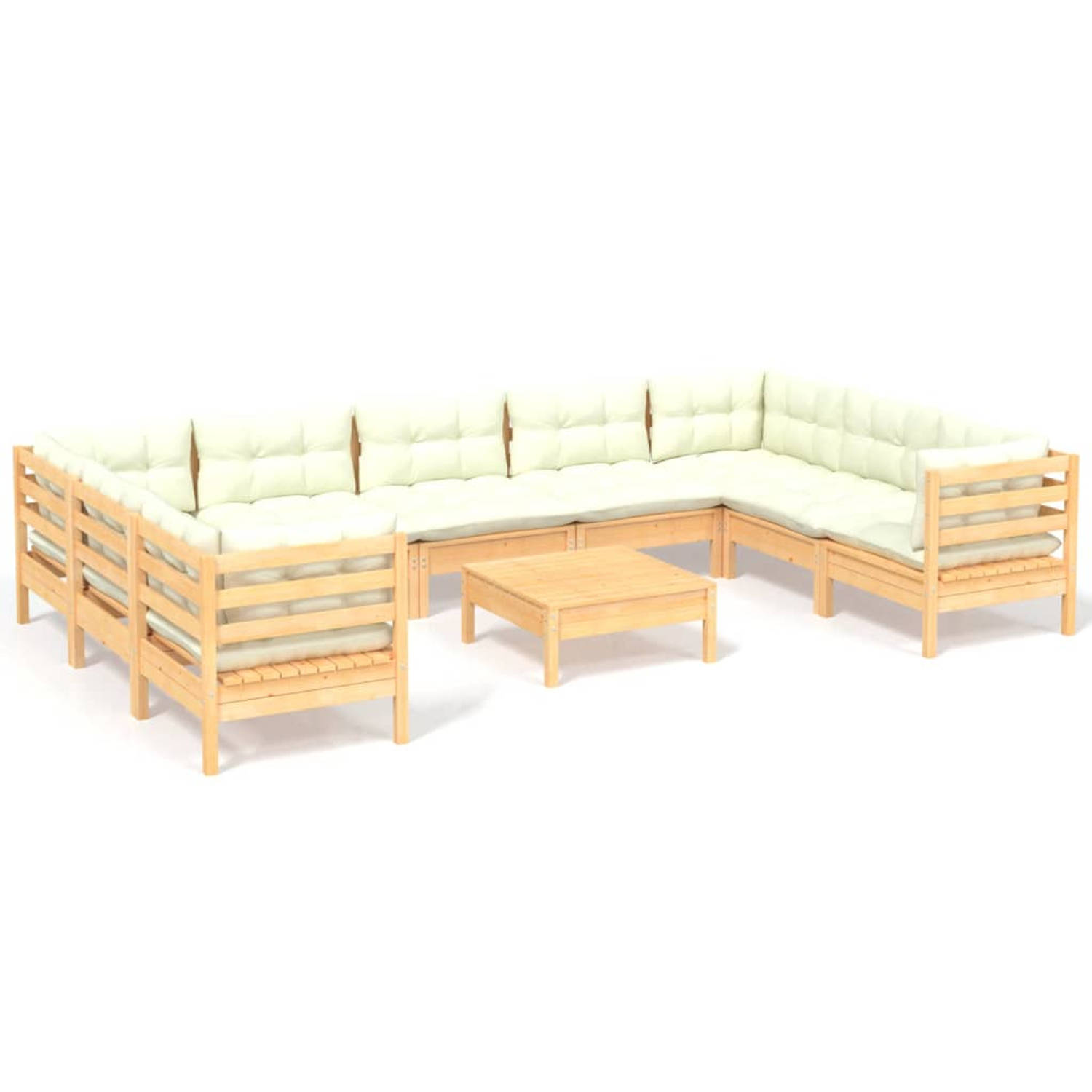 The Living Store Loungeset Massief Grenenhout - Hoek/Middenbank 63.5x63.5x62.5cm - Voetenbank/Tafel 63.5x63.5x28.5cm - Crème Kussen - Montage vereist - The Living Store