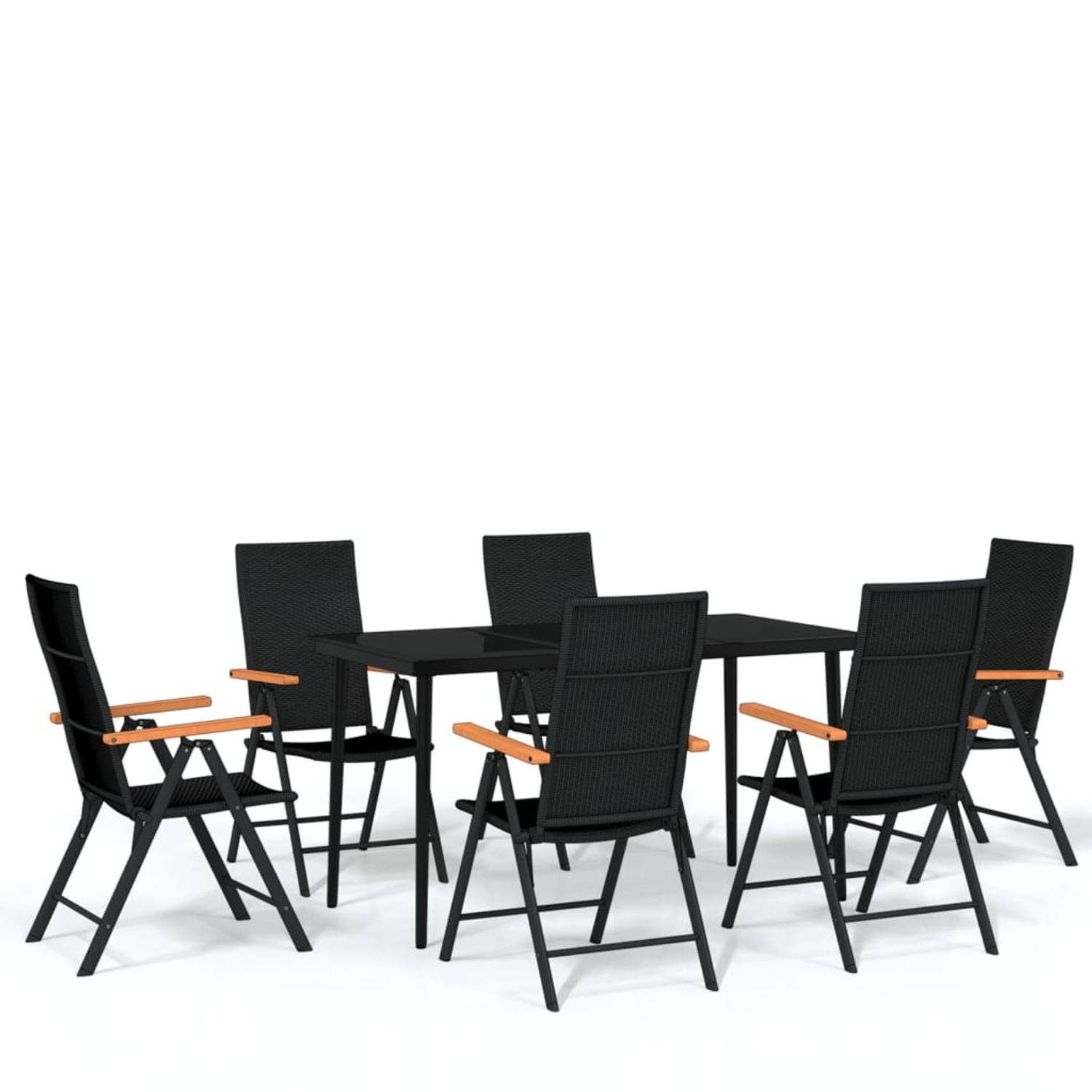 The Living Store Tuinset - 6 stoel - 1 tafel - Zwart - Gepoedercoat staal en glas - PE-rattan - 140x70x74 cm - 55x64x105 cm - 7 posities - Weerbestendig