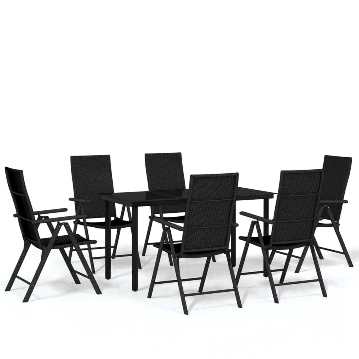 The Living Store Tuintafelset - Zwart - Gepoedercoat staal en glas - 140 x 70 x 74 cm - PE-rattan stoelen - Verstelbare rugleuning - Weerbestendig - 6 stoelen - 1 tafel