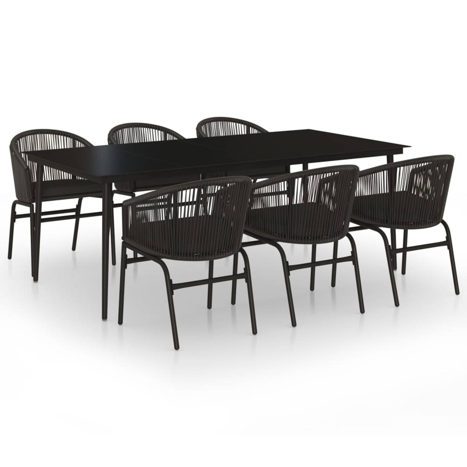 The Living Store Tuinset - zwart - gepoedercoat staal en gehard glas - 200 x 100 x 74 cm - PVC-rattan - 58 x 58 x 78 cm - set van 1 tafel - 6 stoelen en 6 kussens