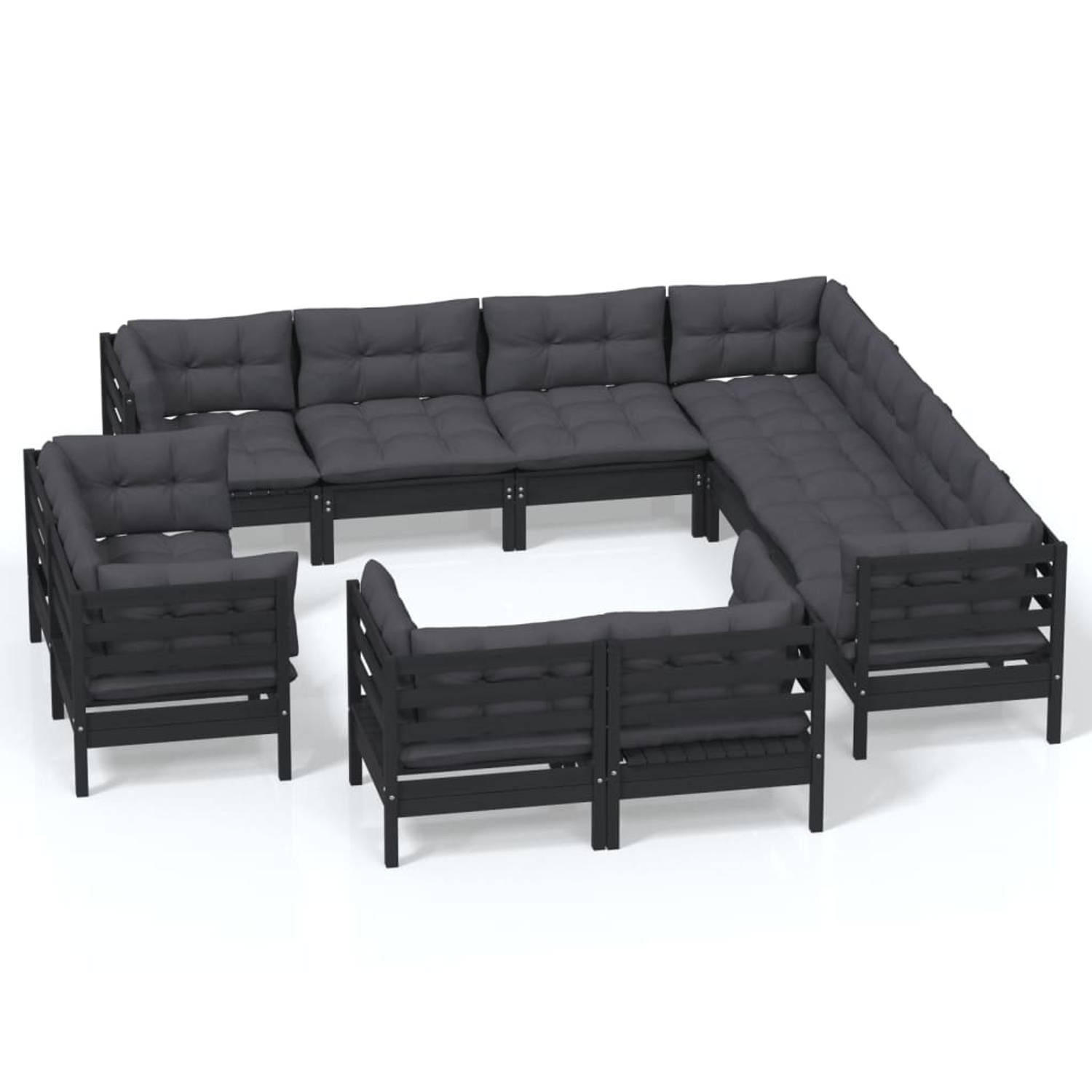 The Living Store Loungeset Massief Grenenhout Zwart - 7 Hoekbank + 4 Middenbank - Afmeting 63.5x63.5x62.5cm - Inclusief Kussens