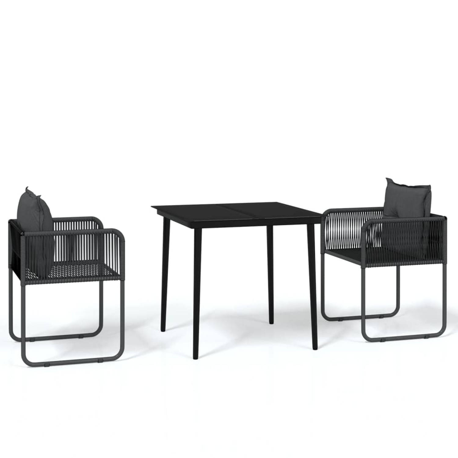 The Living Store Loungeset - Tuinset voor buiten - Gepoedercoat stalen frame - Glazen tafelblad - PE-rattan stoelen - Zwart - 80x80x74 cm - Inclusief kussens