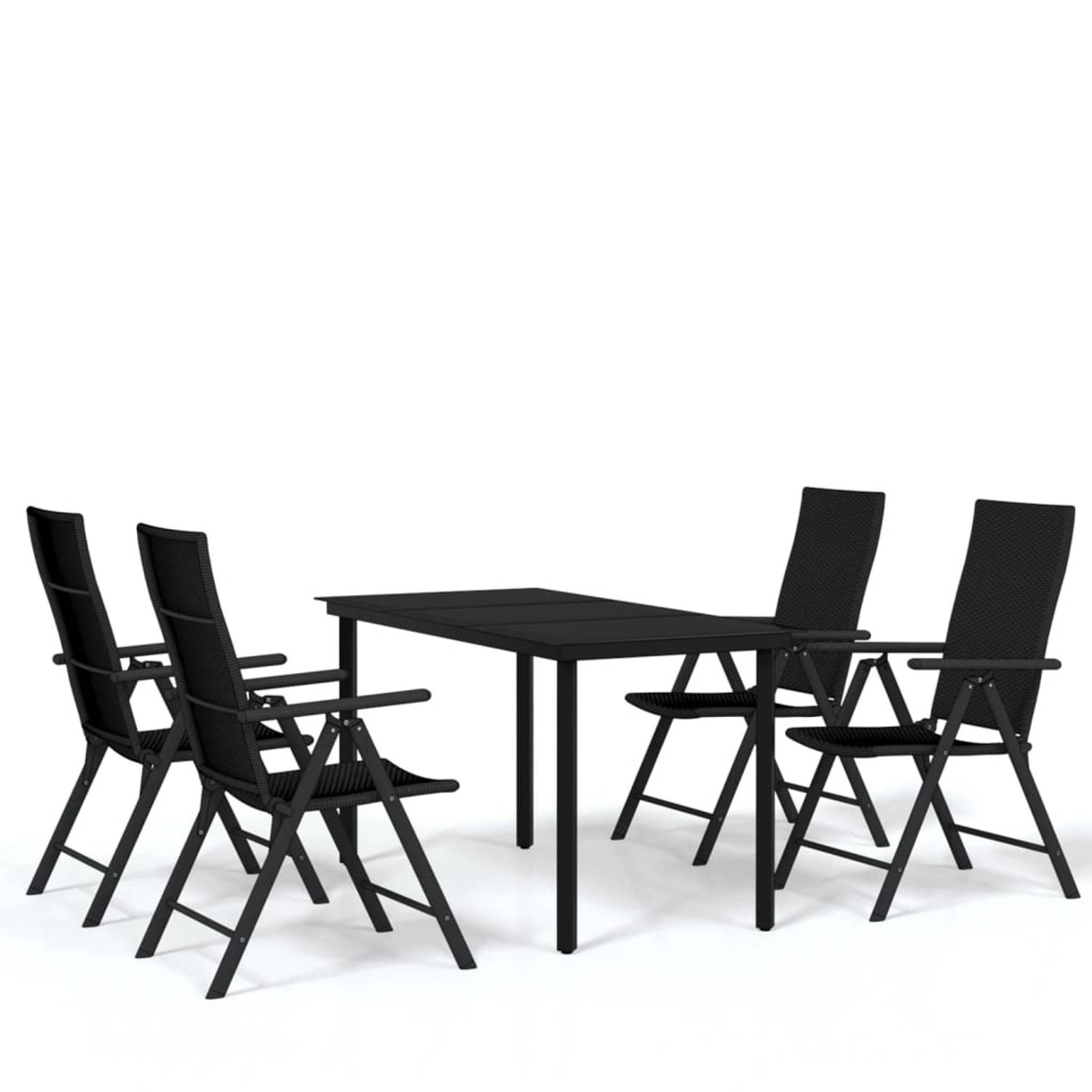 The Living Store Tuinset - Zwarte gepoedercoat stalen tuintafel (140 x 70 x 74 cm) met glazen tafelblad en 4 verstelbare PE-rattan stoelen (55 x 64 x 105 cm) - Weerbestendig - Mont