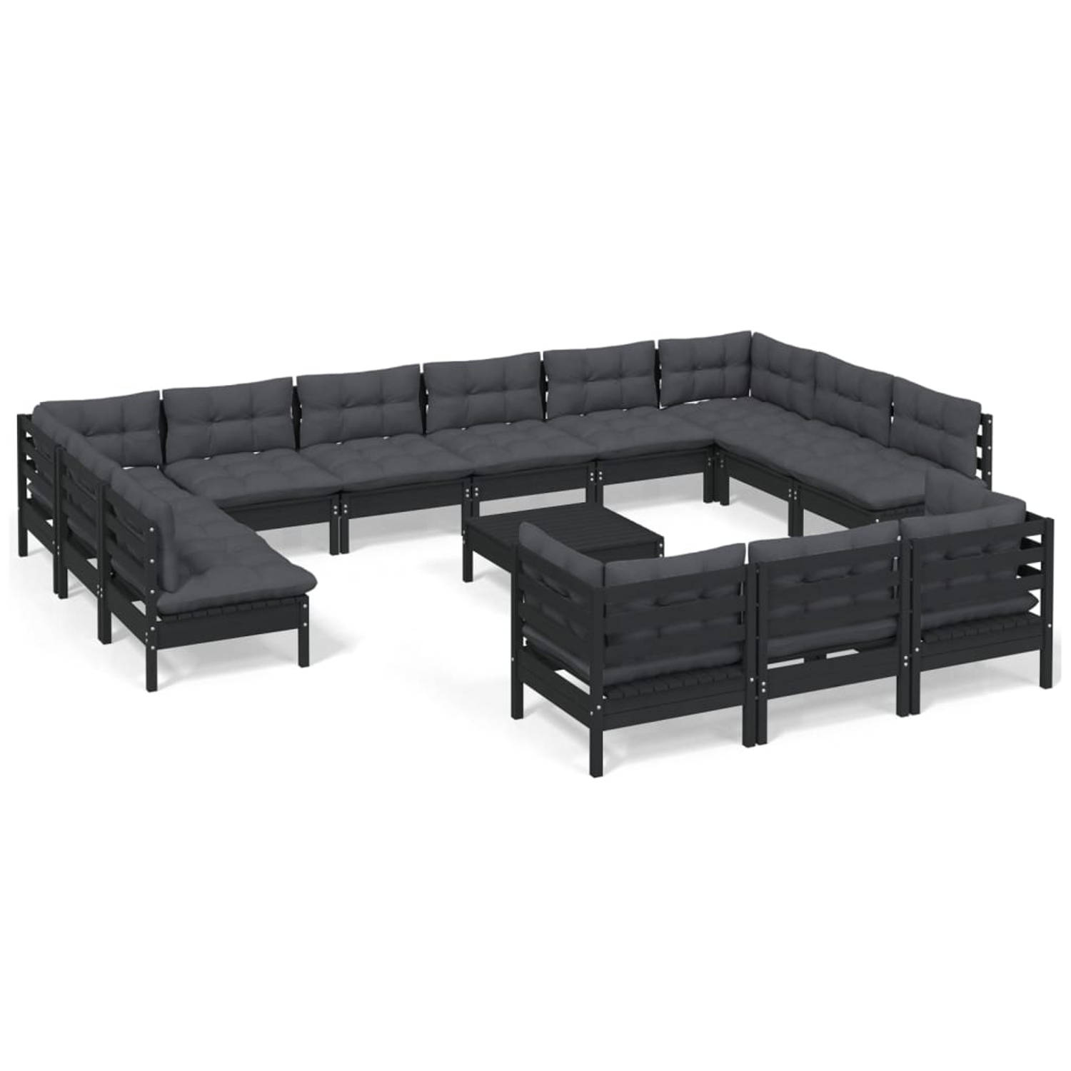 The Living Store Loungeset - Grenenhout - Zwart - 63.5x63.5x62.5cm - Massief - Inclusief kussens