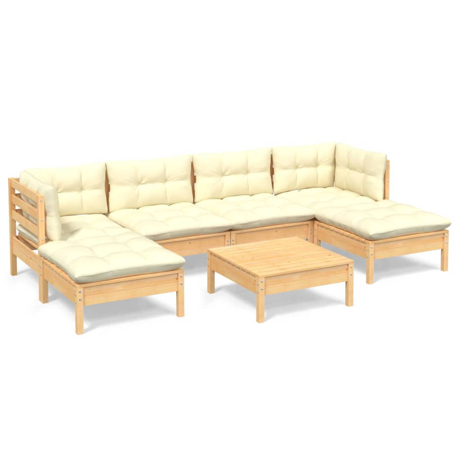 The Living Store Loungeset Grenenhout - Tuinmeubelset - Modular - Crème kussens - 63.5x63.5x62.5cm - 63.5x63.5x28.5cm - Montage vereist