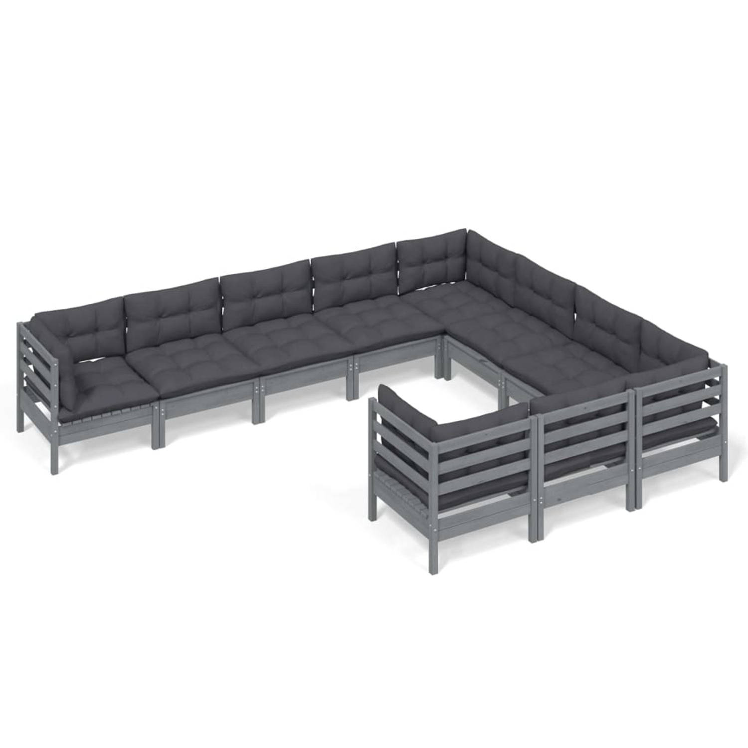 The Living Store Loungeset Grenenhout - Grijs - 63.5 x 63.5 x 62.5 cm - Inclusief kussens - Montage vereist