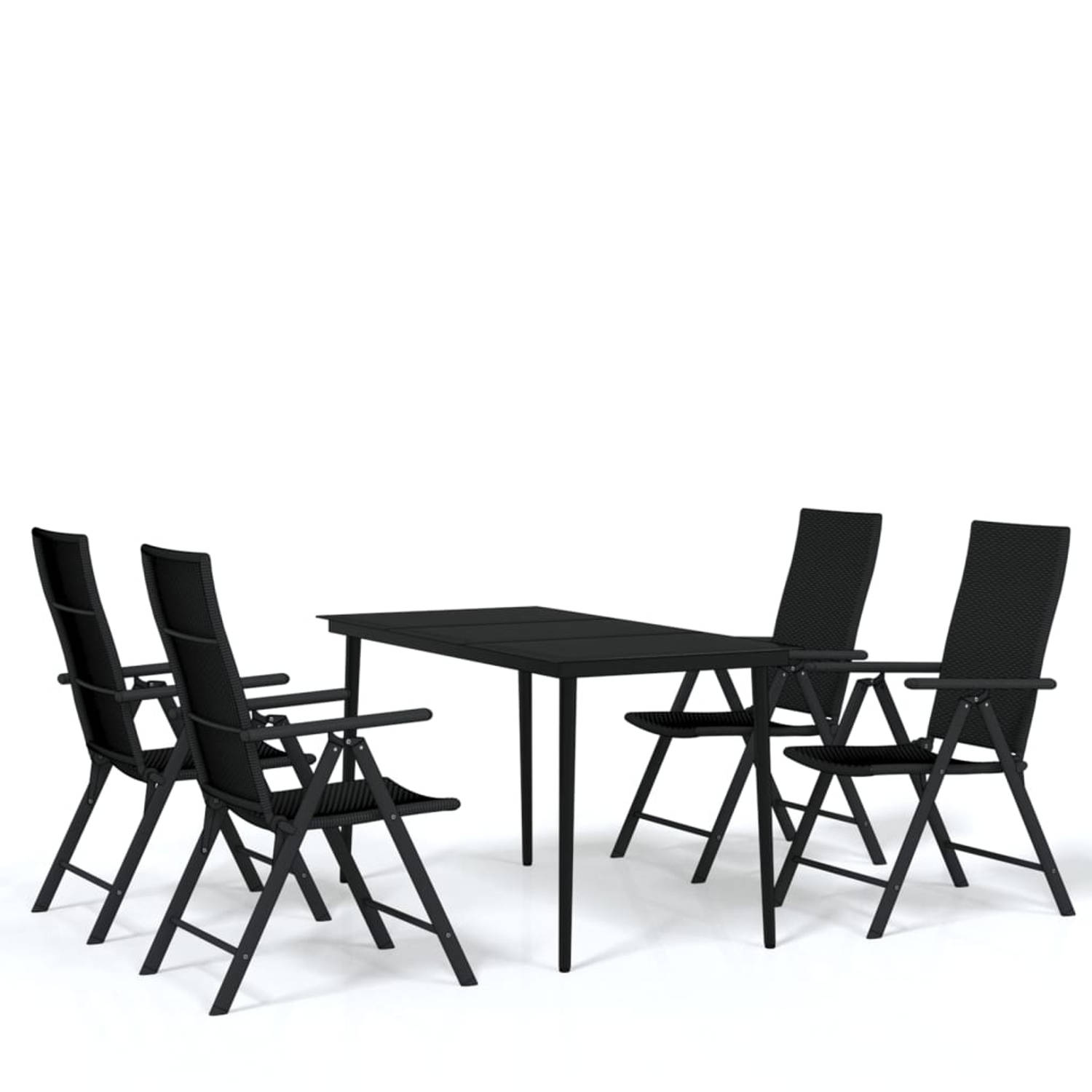The Living Store Tuinset - zwart stalen tafel (140x70x74 cm) en 4x verstelbare zwarte PE-rattan stoelen (55x64x105 cm) - weerbestendig - montage vereist