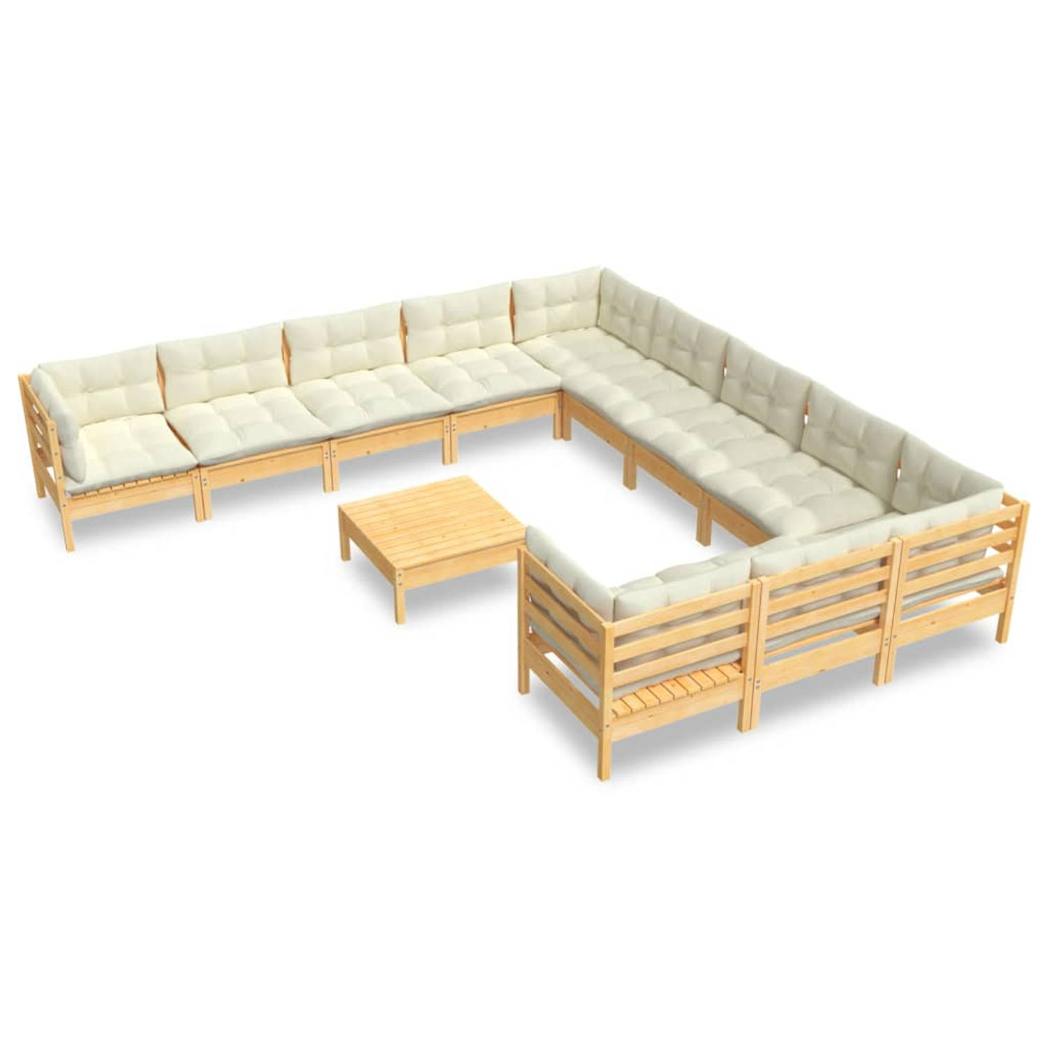 The Living Store Loungeset - Grenenhout - Crème kussens - Hoek/middenbank - Voetenbank/tafel - Afmetingen- 63.5x63.5x62.5cm - Montage vereist