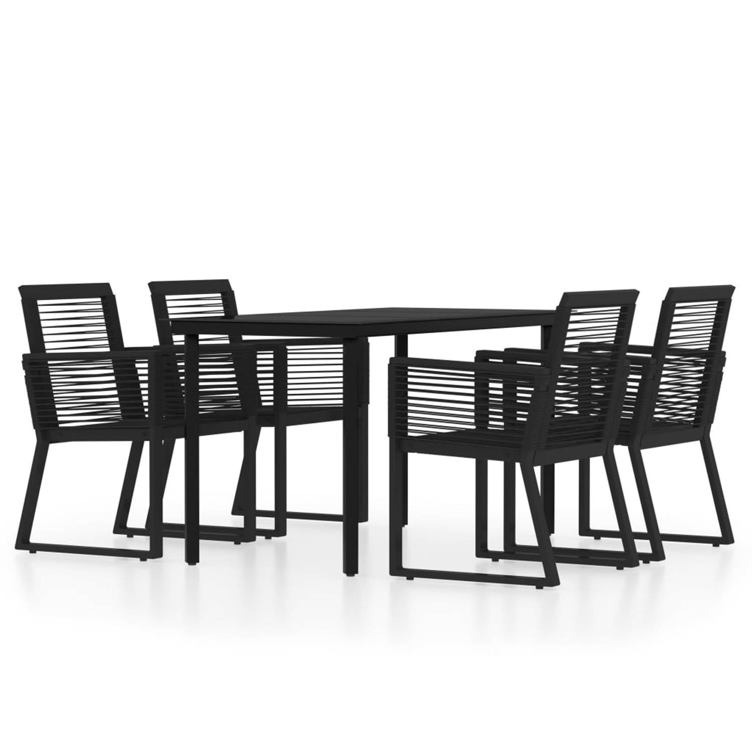 The Living Store Tuinset - Zwarte tafel en 4 stoelen - Staal en glas - 140 x 70 x 74 cm - PVC-rattan - 53 x 57 x 77 cm - Montage vereist