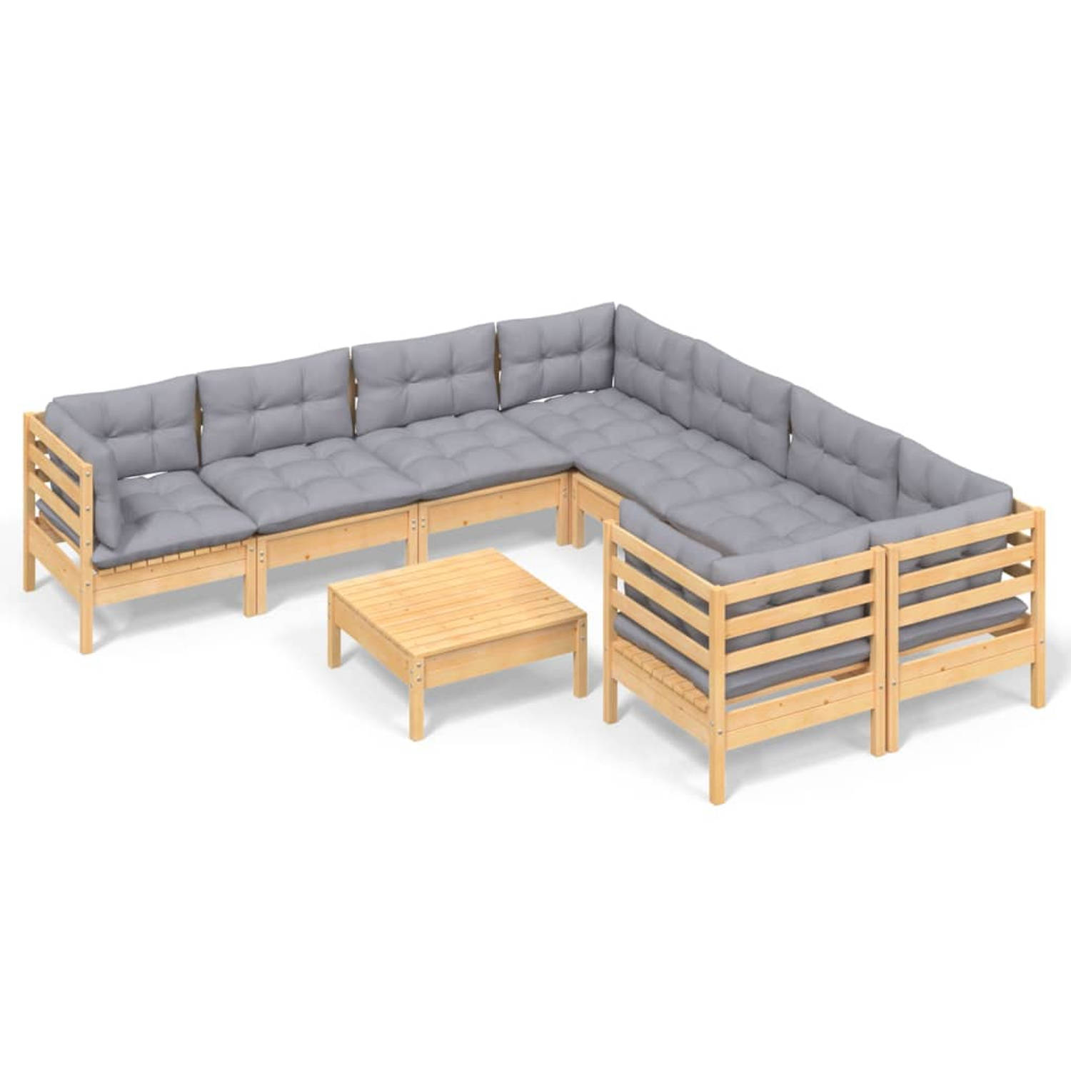 The Living Store Loungeset - Grenenhout - Grijs Kussen - Hoek/middenbank 63.5x63.5x62.5cm - Voetenbank/tafel 63.5x63.5x28.5cm - Zitkussen 60x60x5cm - Rug/zijkussen 60x32x5cm - Mont