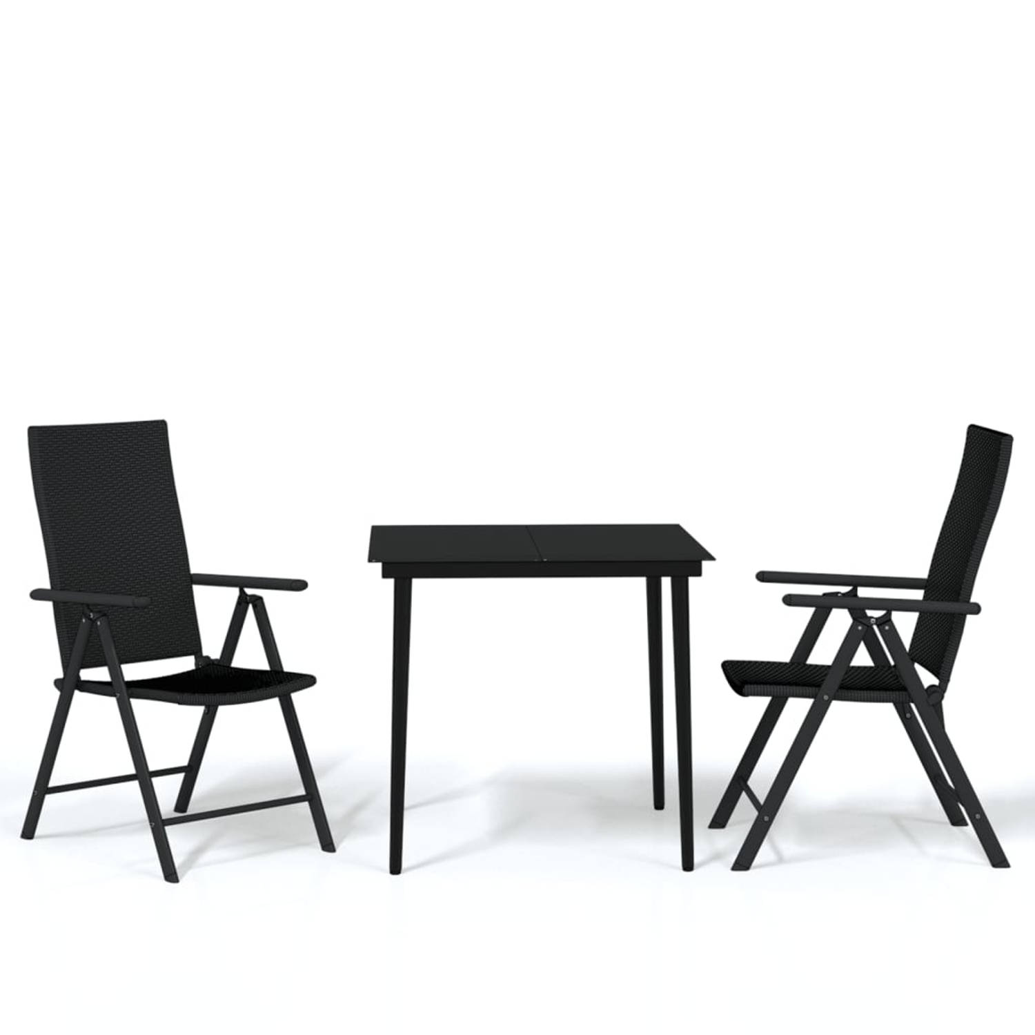 The Living Store Tuinset - Zwart - Gepoedercoat staal - glas - 80 x 80 x 74 cm - PE-rattan stoelen - Verstelbare rugleuning - Weerbestendig - Montage vereist