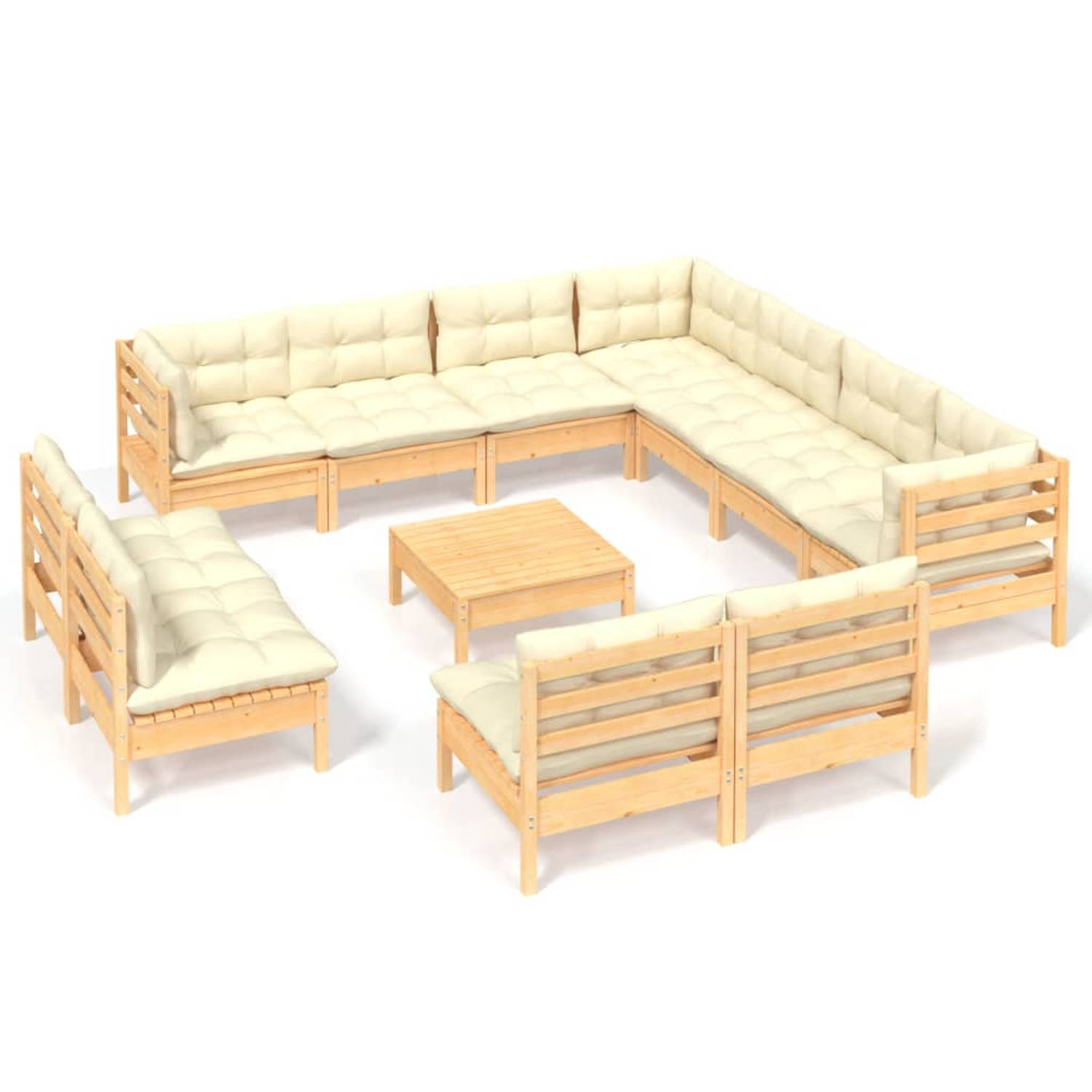 The Living Store Tuinset-s Loungeset - Grenenhout - 63.5x63.5x62.5 cm - crème kussens