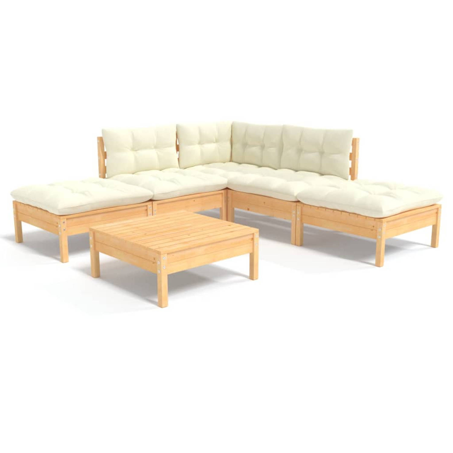 The Living Store Tuinmeubelset Grenenhout - Loungeset - 63.5x63.5x62.5 cm - Crème kussens - Montage vereist