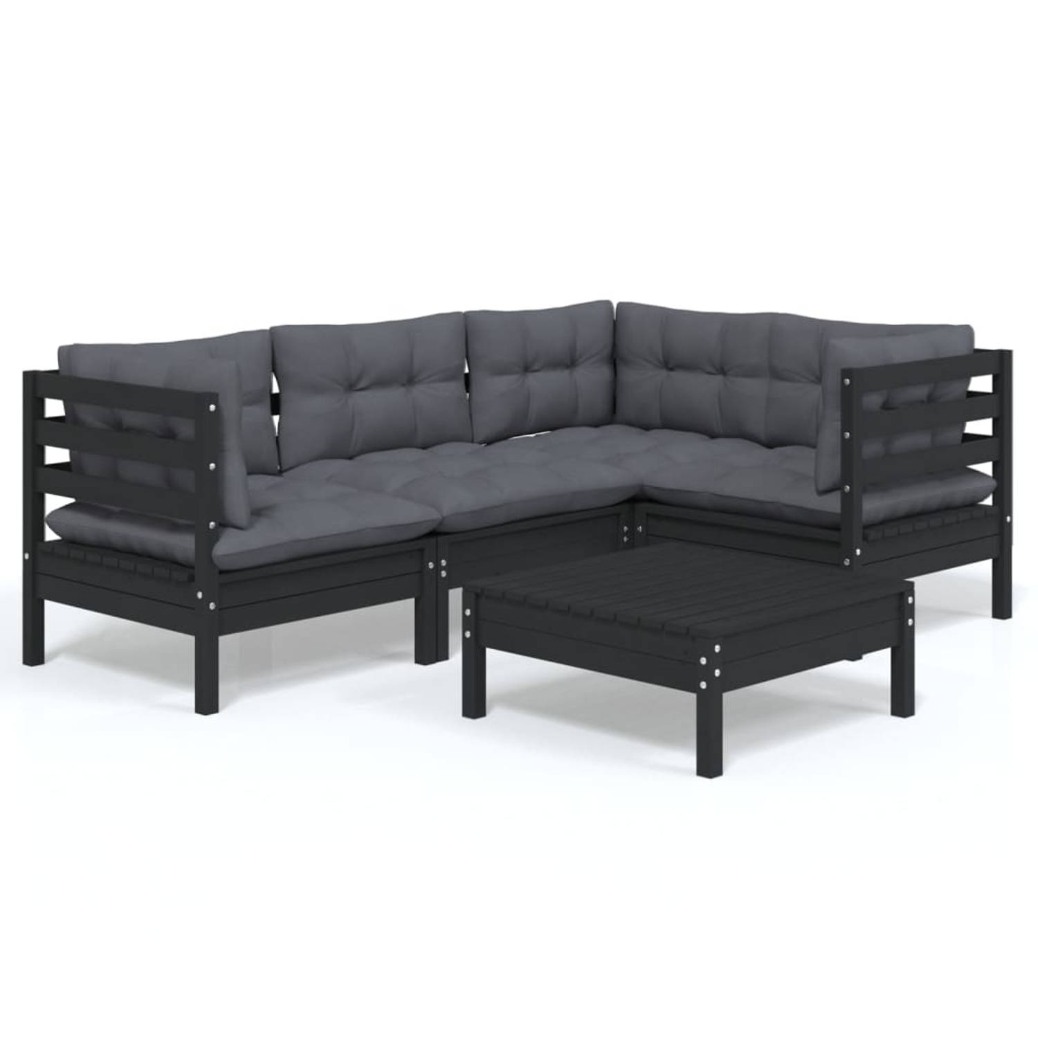 The Living Store Loungeset Grenenhout - Zwart - 63.5x63.5x62.5 cm - Inclusief kussens