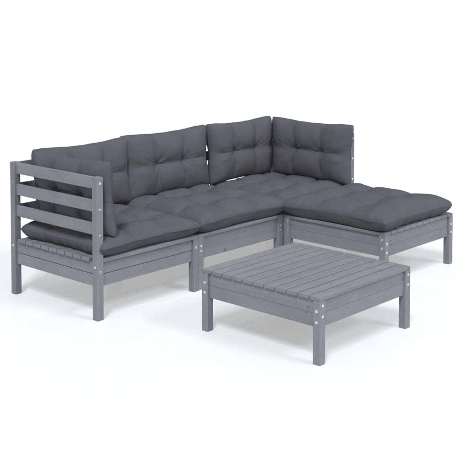 The Living Store Loungeset - Grenenhout - Grijs - 63.5x63.5x62.5 cm - Inclusief kussens A