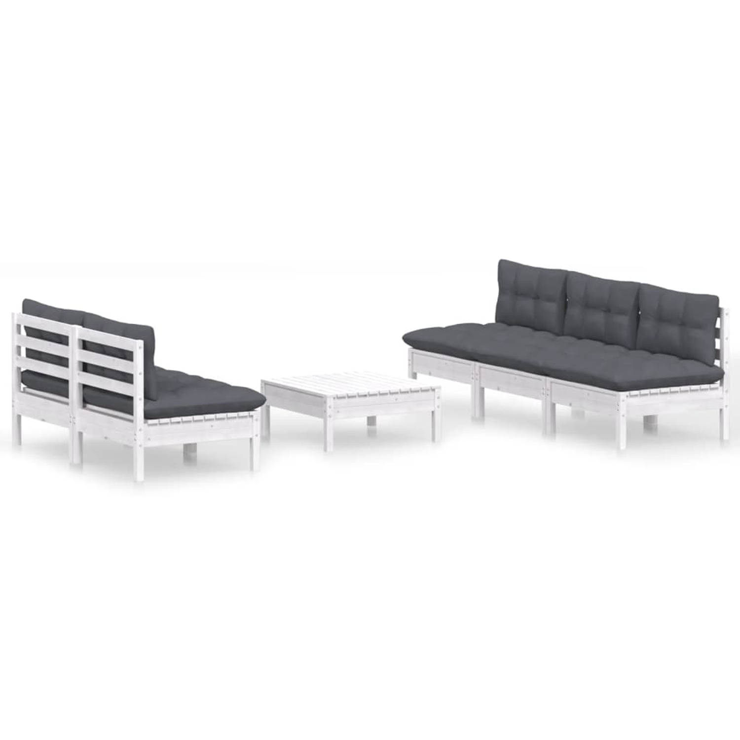 The Living Store Loungeset Grenenhout - Wit - 6-delig - 63.5 x 63.5 x 62.5 cm - Incl - kussens