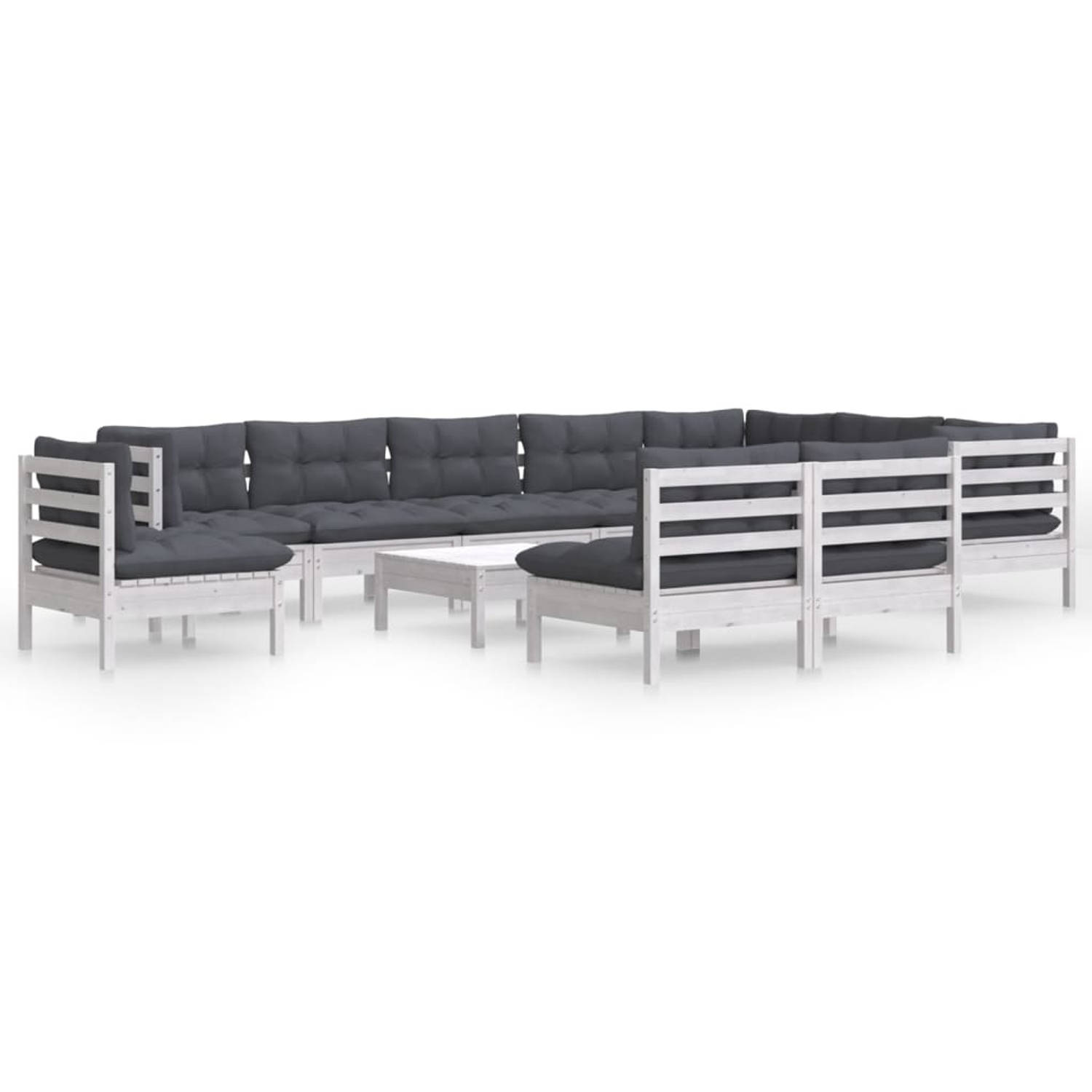 The Living Store Loungeset - Grenenhout - Wit - Antraciet - Hoekbank + Middenbank + Voetenbank/Tafel - Afmetingen- 63.5 x 63.5 x 62.5 cm - Zitkussen- 60 x 60 x 5 cm - Rugkussen- 60