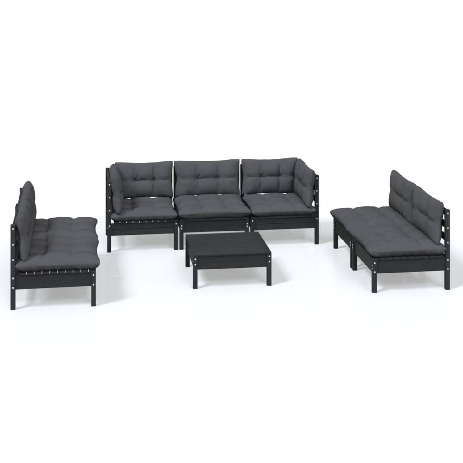 The Living Store Loungeset Hoekbank Middenbank Voetenbank/Tafel Zwart 63.5x63.5x62.5 cm - Massief Grenenhout