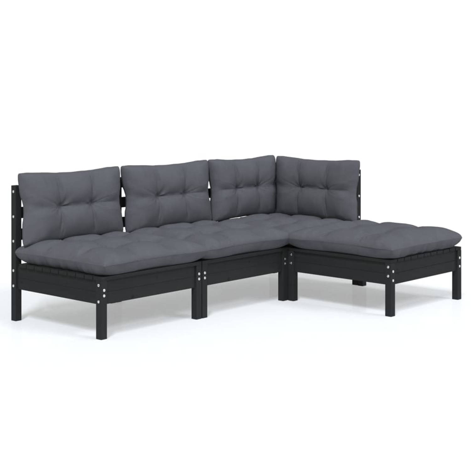 The Living Store Loungeset - Grenenhout - Zwart - 63.5x63.5x62.5 cm - Inclusief kussens