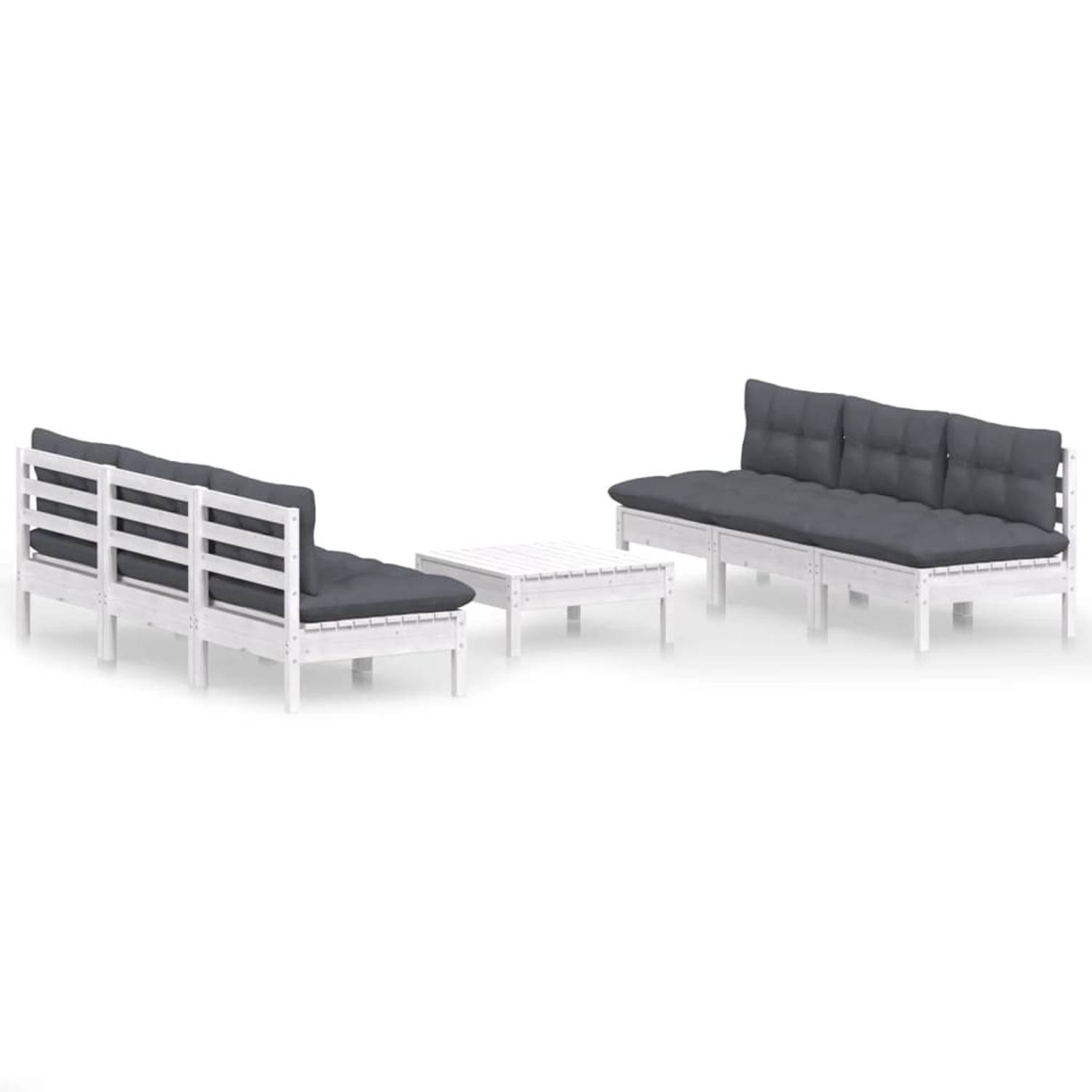 The Living Store Loungeset Grenenhout - Wit - 63.5x63.5x62.5 cm - Inclusief 6x middenbank - 1x voetenbank/tafel - 7x zitkussen - 6x rugkussen