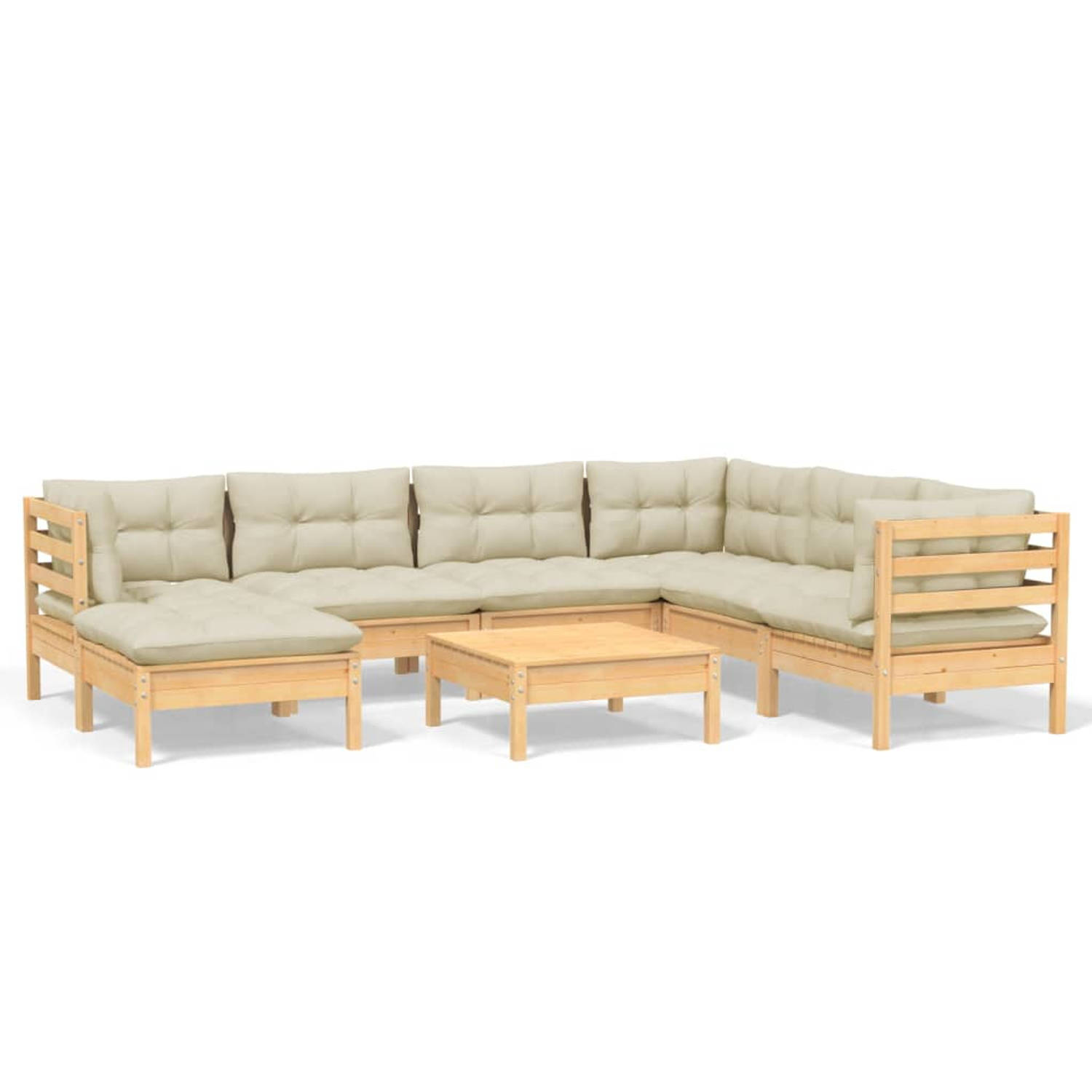 The Living Store Loungeset Grenenhout - Hoekbank + Middenbank + Voetenbank/Tafel - 63.5 x 63.5 x 62.5 cm - Crème Kussen