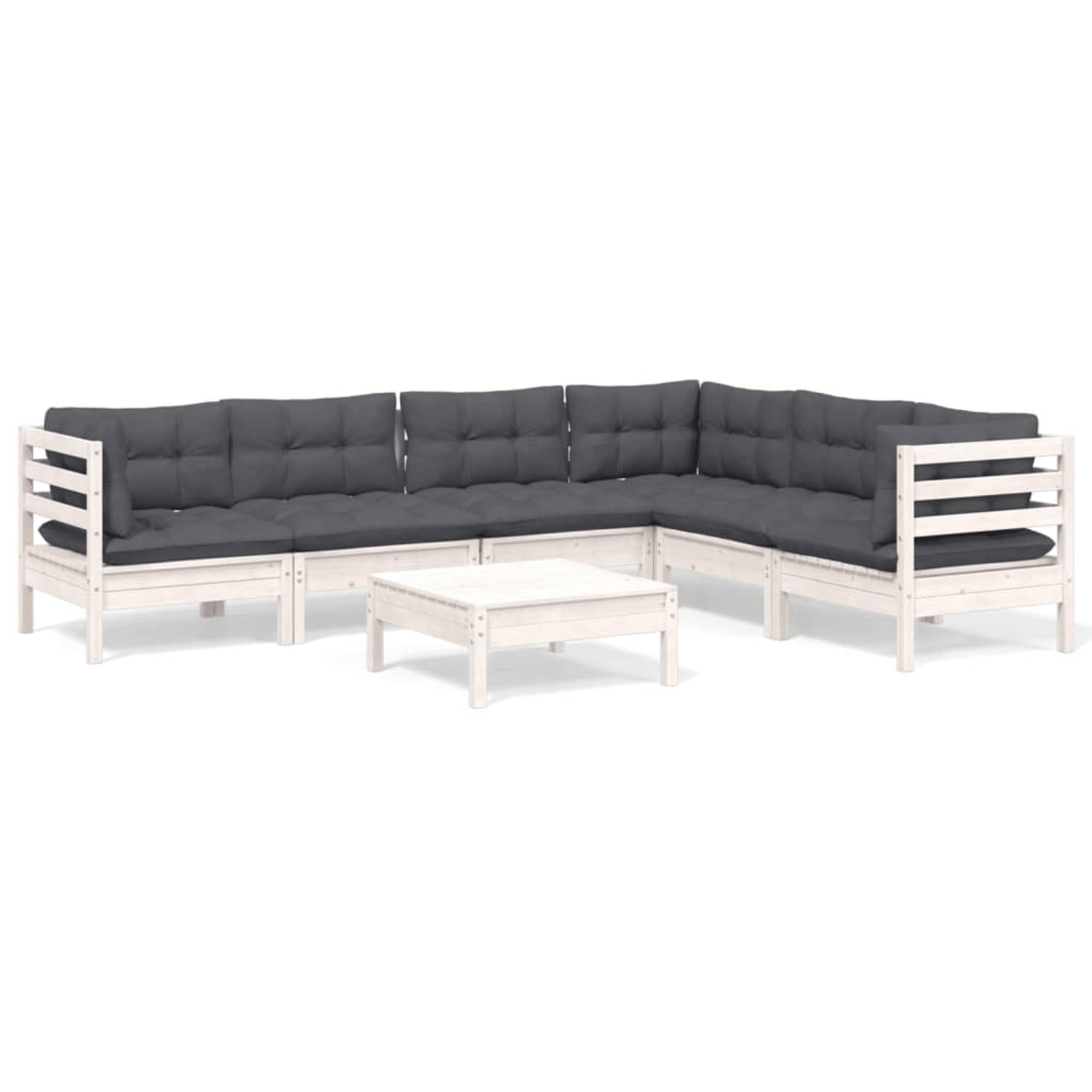 The Living Store Loungeset - Massief grenenhout - Wit - Afmetingen- hoekbank 63.5x63.5x62.5cm - middenbank 63.5x63.5x62.5cm - voetenbank/tafel 63.5x63.5x28.5cm - Kussens in antraci