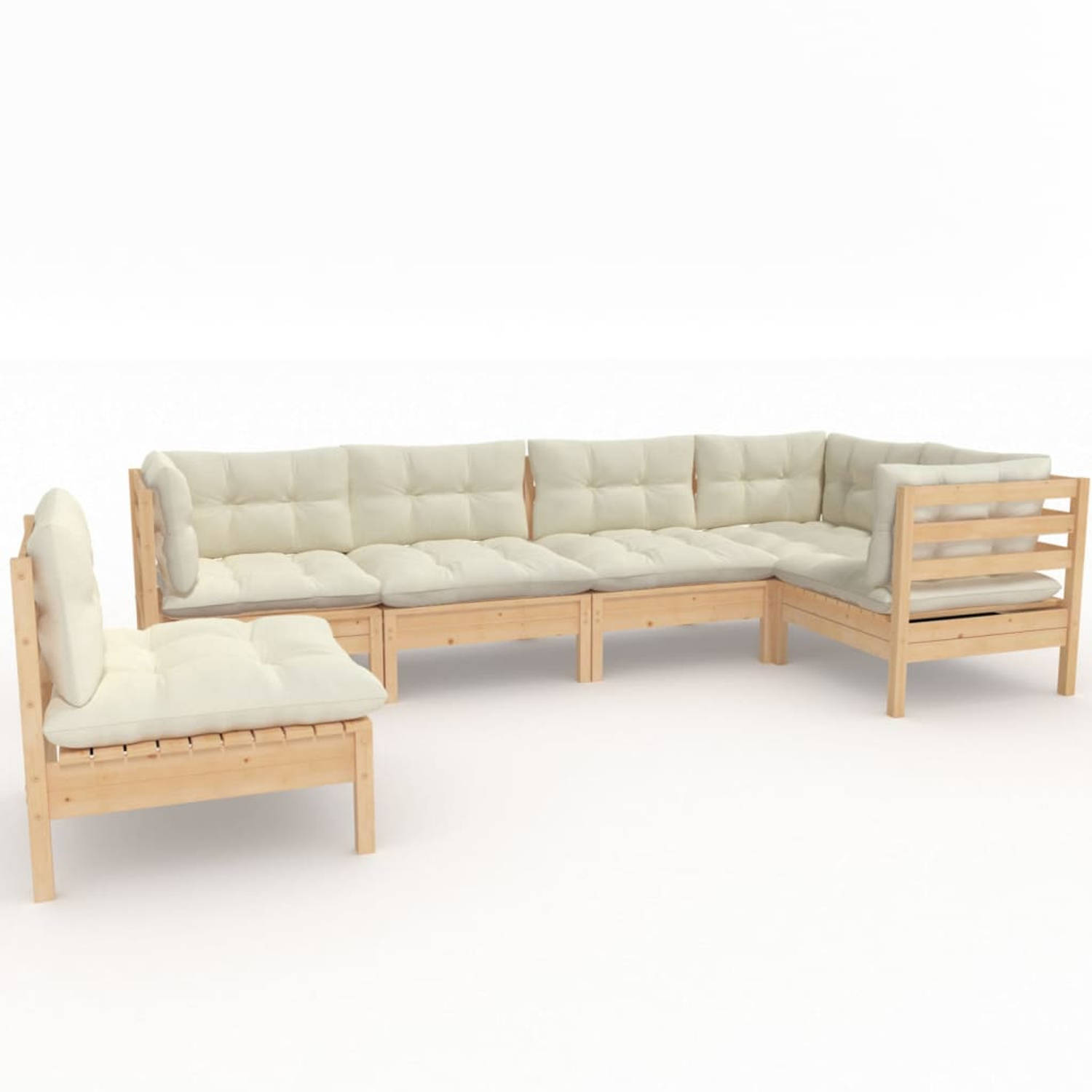 The Living Store Loungeset Grenenhout - Hoekbank en Middenbank - Inclusief Kussens - Cream - 63.5x63.5x62.5cm