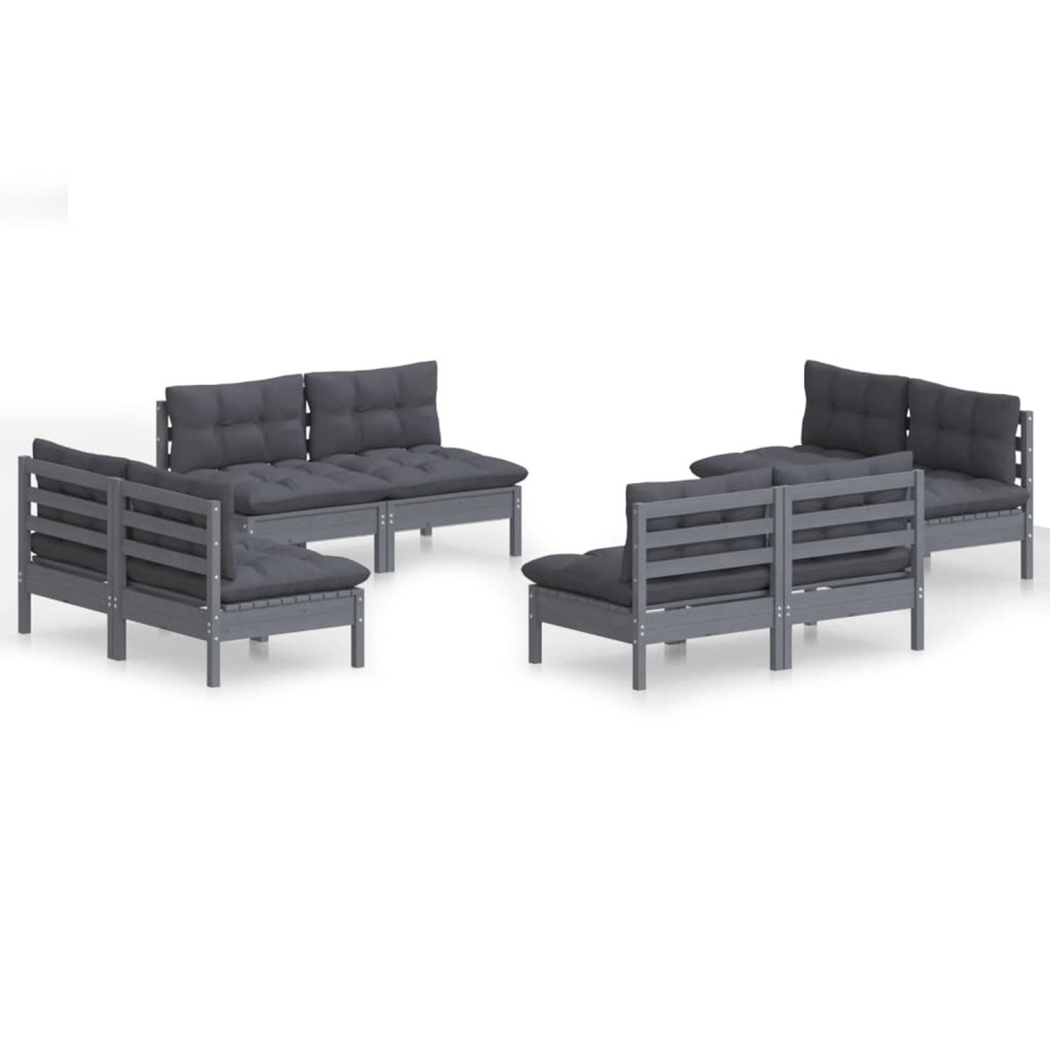 The Living Store Lounge set - Grenenhout - Grijs - 63.5x63.5x62.5 cm - Inclusief 8 x middenbank - zitkussen en rugkussen