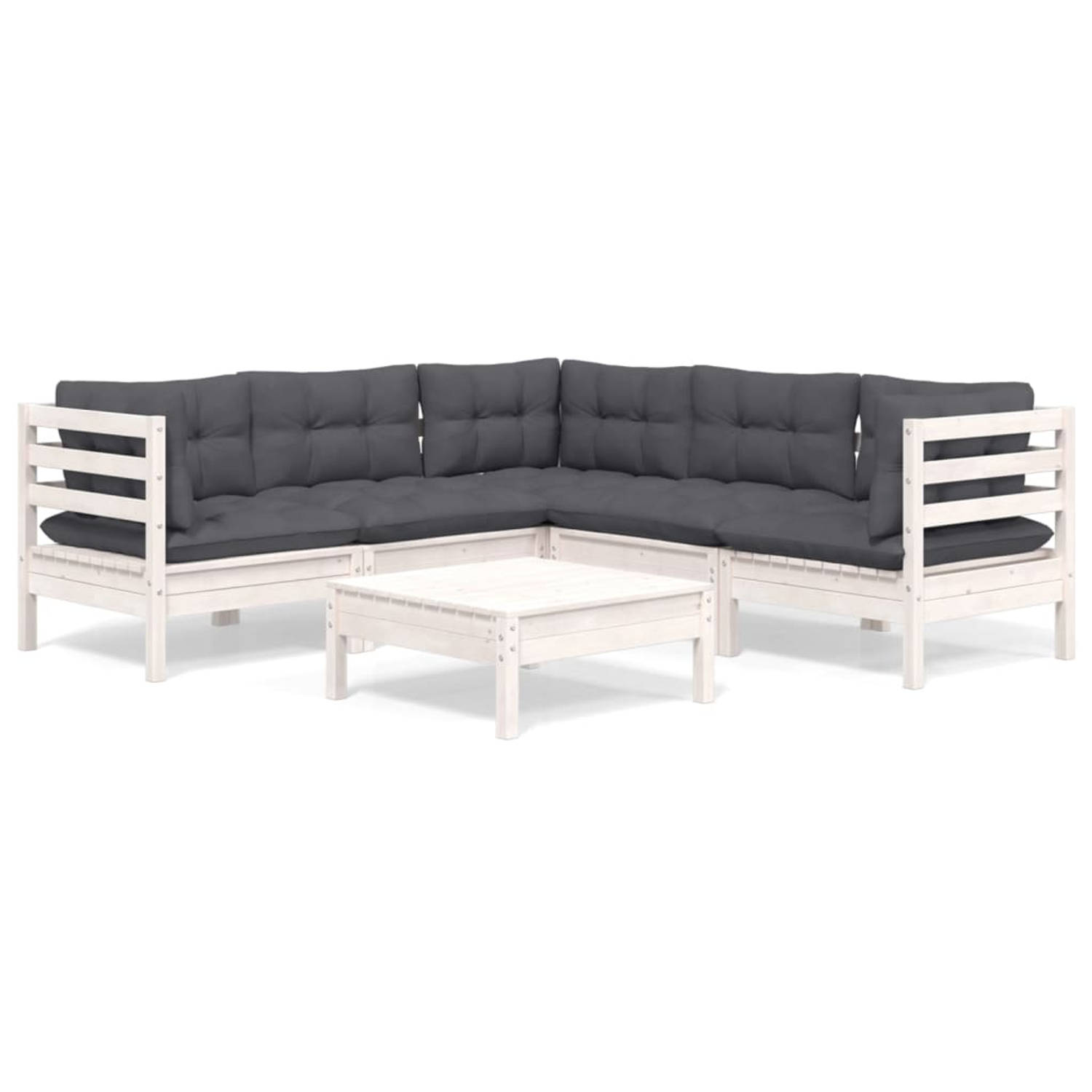 The Living Store Loungeset Grenenhout - Wit - 63.5x63.5x62.5 cm - Antraciet kussen