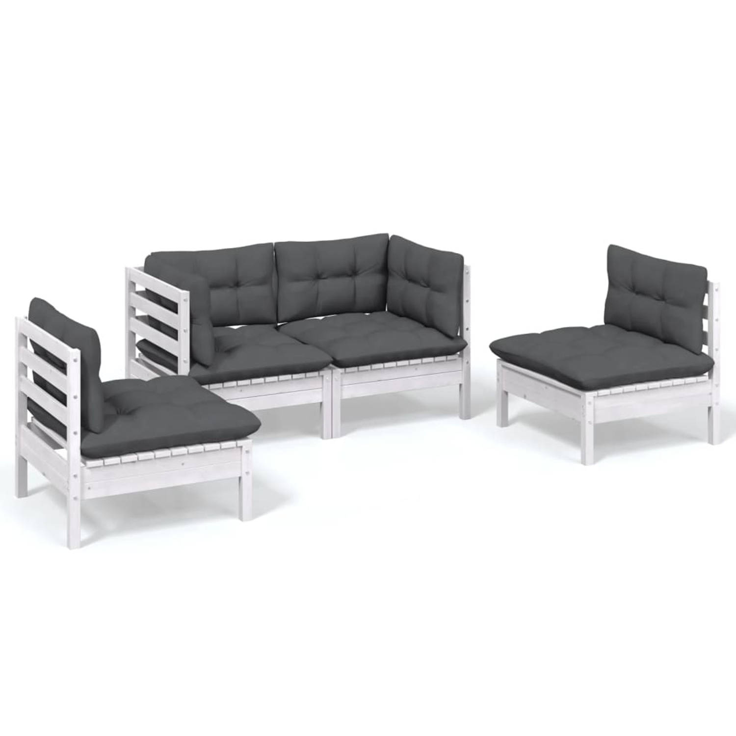 The Living Store Loungeset Grenenhout - Hoekbank - Middenbank - Wit - 63.5x63.5x62.5cm - Incl - Kussens