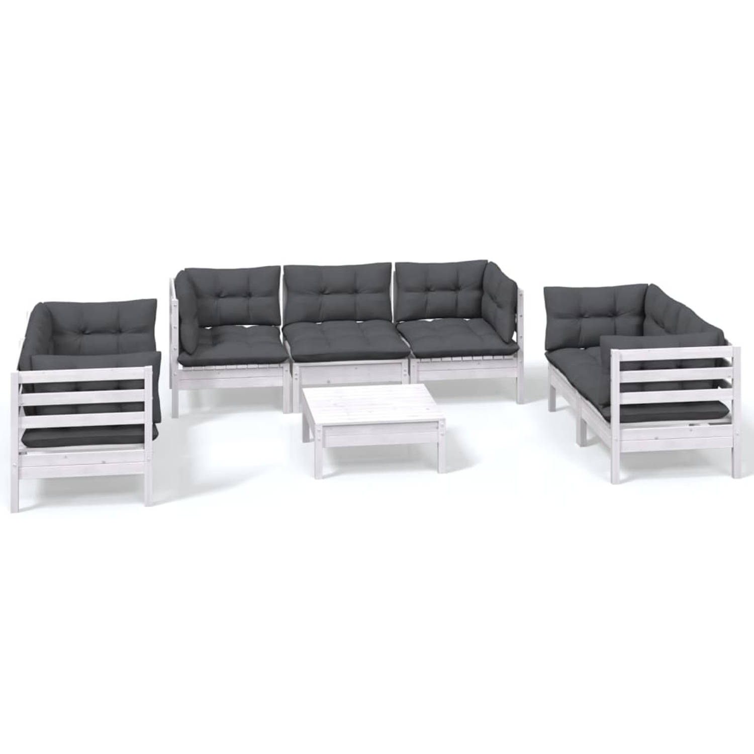 The Living Store Tuinset Grenenhouten Loungeset - Wit - 63.5x63.5x62.5 cm - Met kussens - Modulair