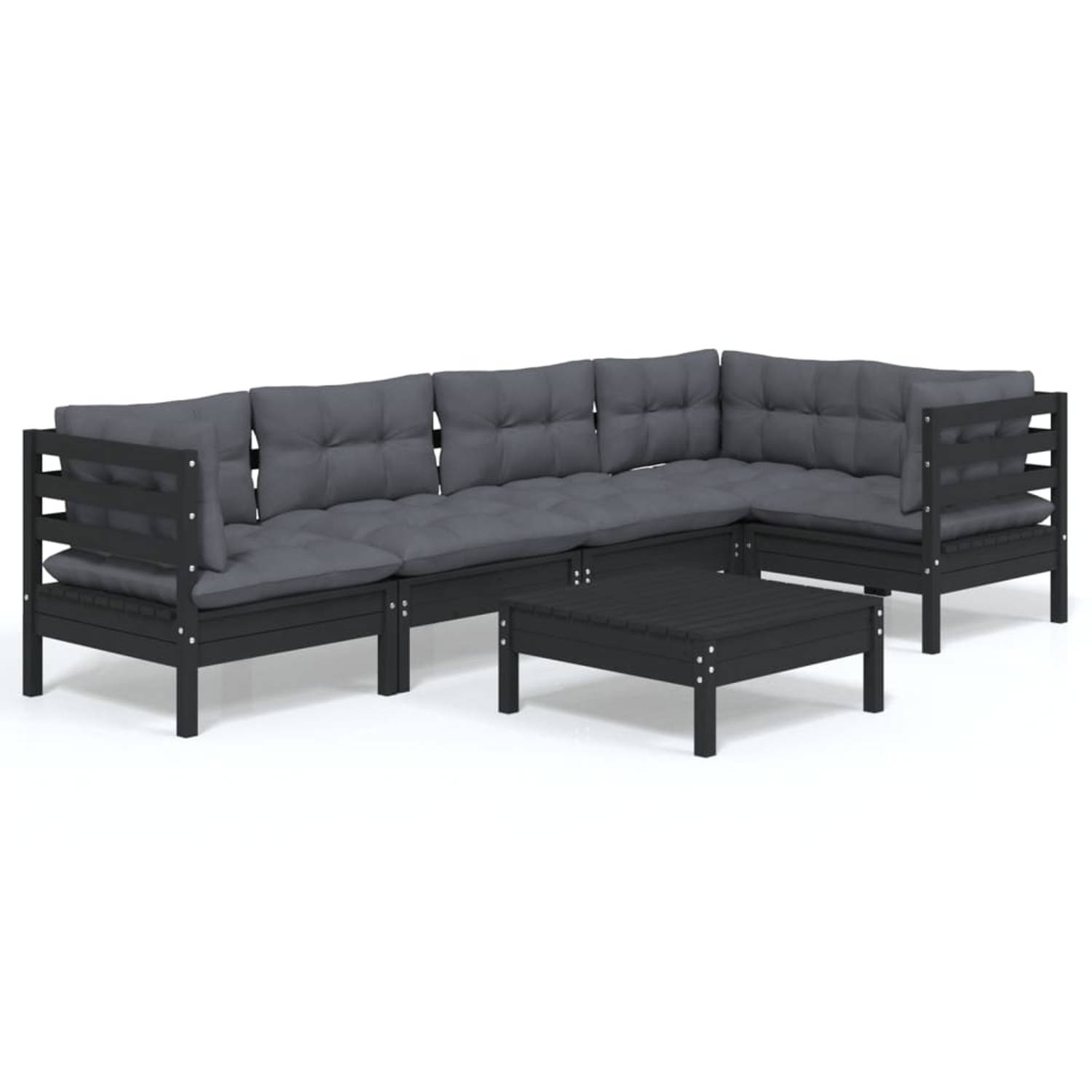 The Living Store Loungeset - Grenenhout - Zwart - Hoek/Middenbank 63.5x63.5x62.5cm - Voetenbank/Tafel 63.5x63.5x28.5cm - Kussens inclusief