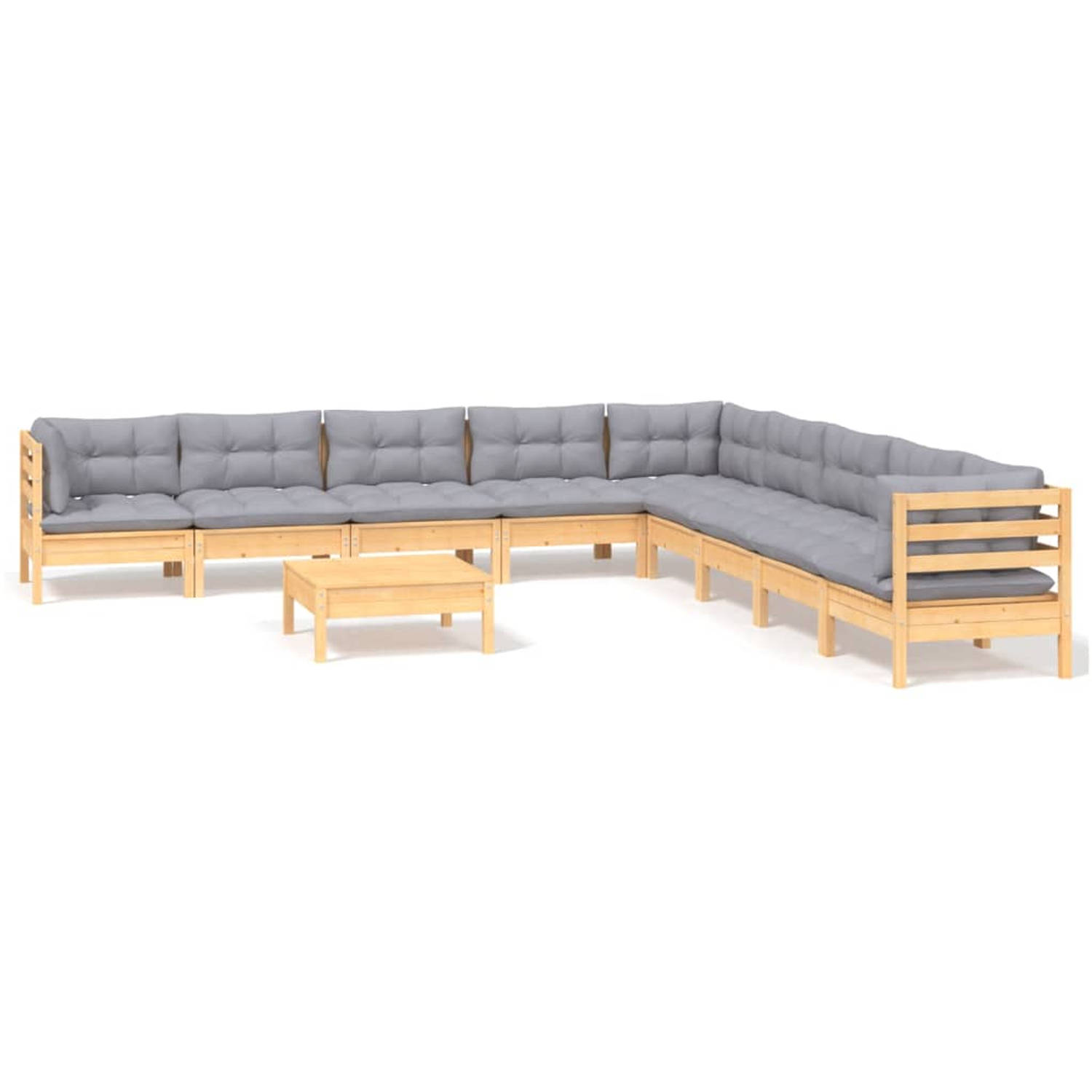 The Living Store Loungeset Grenenhout - Hoekbank 63.5x63.5x62.5cm - Middenbank 63.5x63.5x62.5cm - Voetenbank/Tafel 63.5x63.5x28.5cm - Grijs kussen