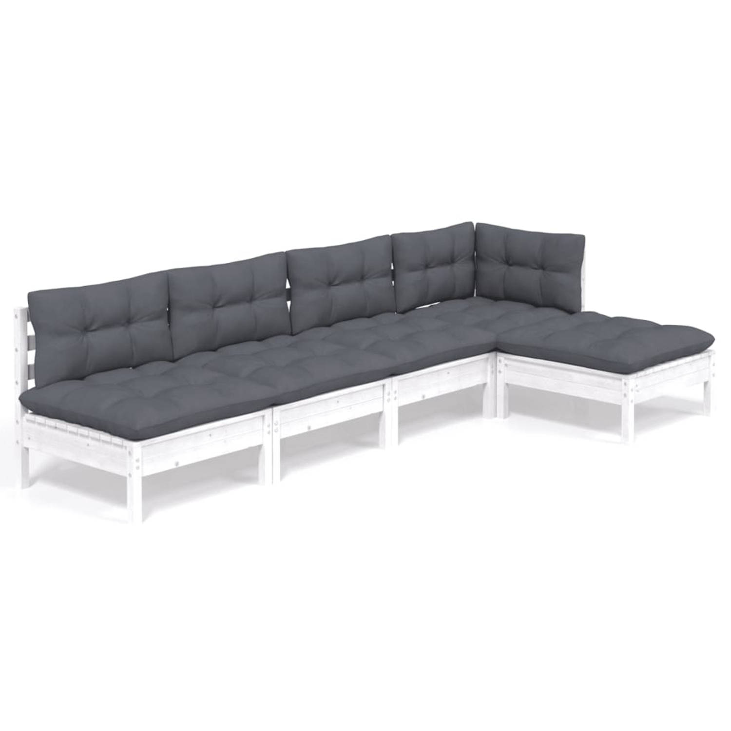 The Living Store Loungeset Grenenhout - Wit - Hoek/Middenbank 63.5x63.5x62.5cm - Voetenbank 63.5x63.5x28.5cm - Kussens 60x60x5cm - The Living Store