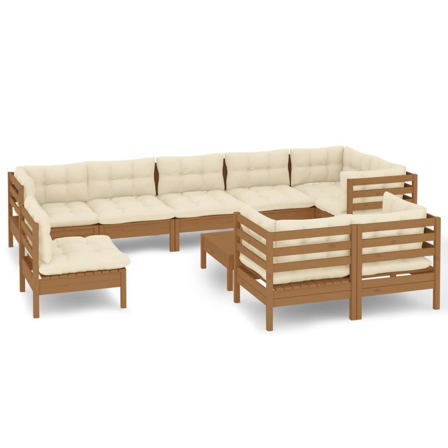 The Living Store Loungeset - Grenenhout - Honingbruin - 63.5x63.5x62.5cm - Massief - Set van 5 Hoekbanken - 4 Middenbanken - 1 Voetenbank/Tafel - Inclusief 10 Zitkussens en 14 Rugk