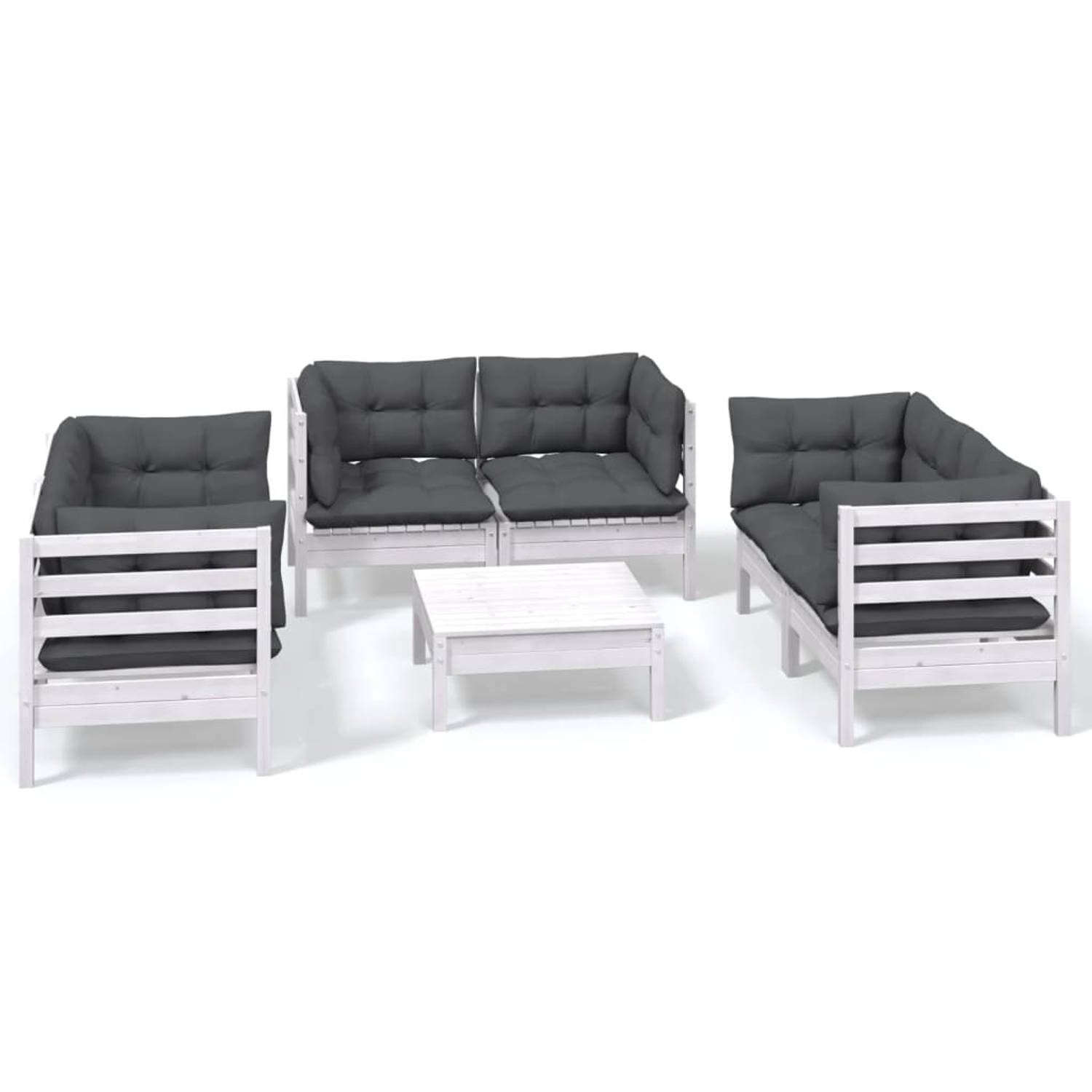 The Living Store Loungeset Grenenhout - Wit - 6 hoekbanken - 1 voetenbank/tafel - Kussens in antraciet - Afmetingen- 63.5x63.5x62.5 cm hoekbank - 63.5x63.5x28.5 cm voetenbank/tafel