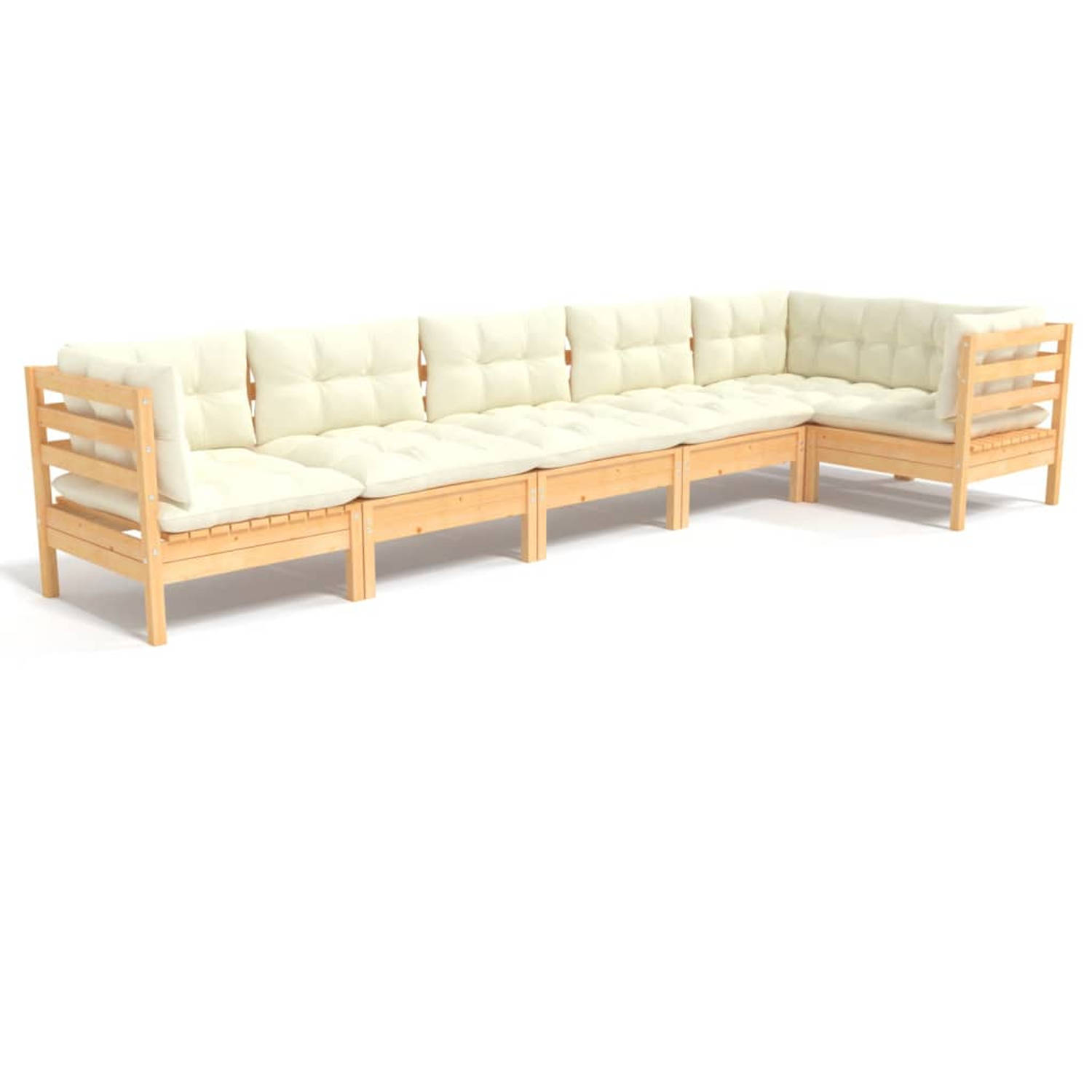 The Living Store Loungeset Grenenhout - Hoek/Middenbank - Crème kussen - 63.5 x 63.5 x 62.5 cm