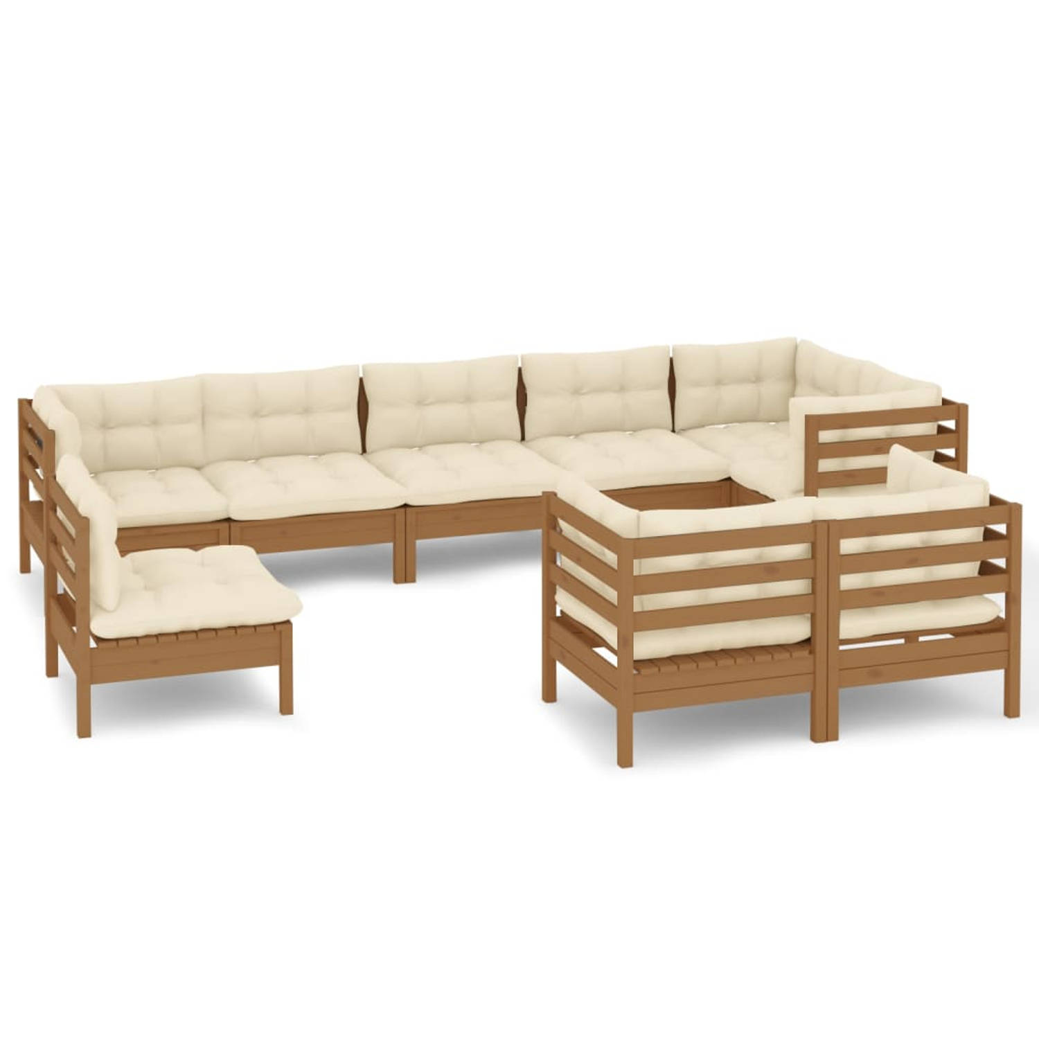 The Living Store Loungeset Honey Brown - Pine Wood - Modular - 5x Corner Sofa 4x Middle Sofa 9x Seat Cushion 14x Back Cushion