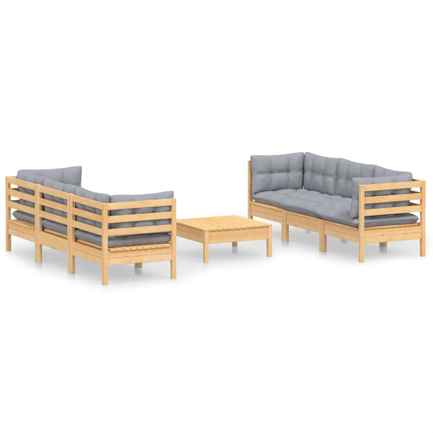 The Living Store Loungeset - Massief grenenhout - Grijs kussen - Modulair - 4 hoekbanken - 2 middenbanken - 1 voetenbank/tafel