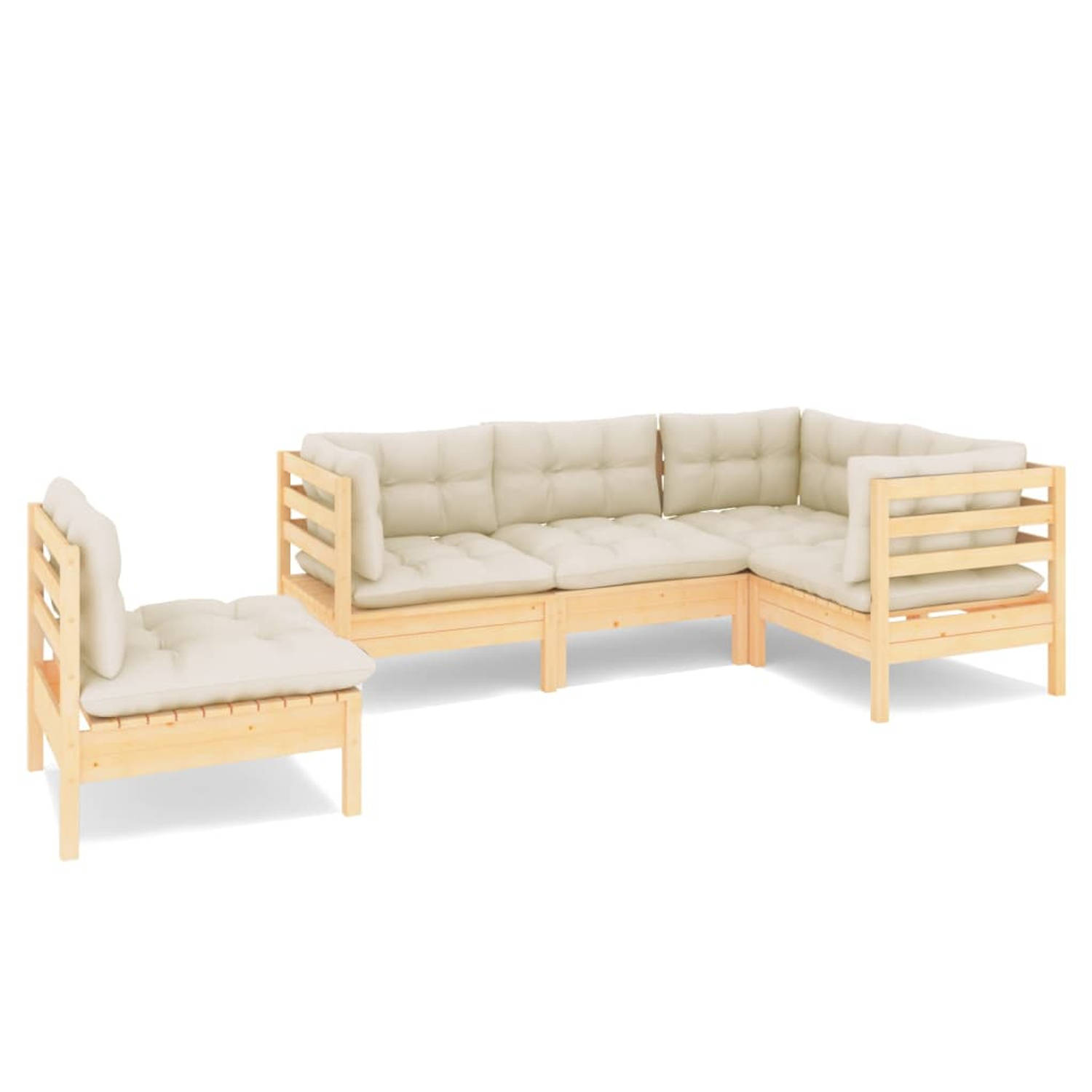 The Living Store Loungeset Grenenhout - 3 hoekbank 2 middenbank - Kussens crème - 63.5x63.5x62.5cm